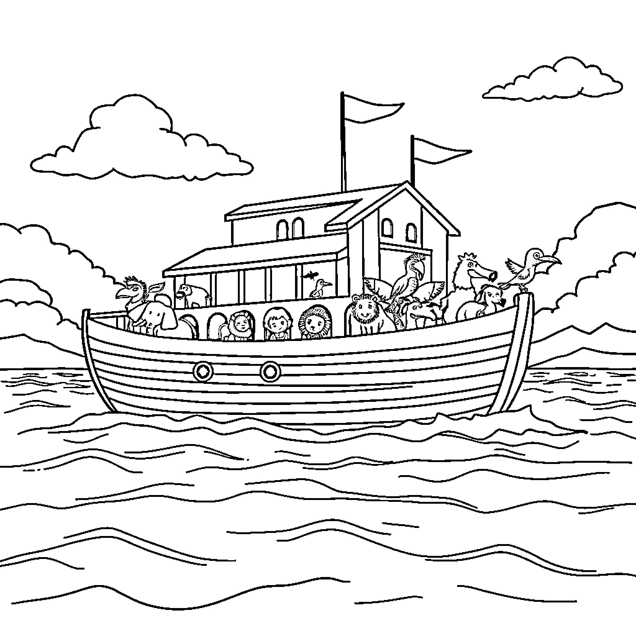 Noah's Ark Carrying Animals and People During Flood Coloring Page (free black-and-white line drawing printable PDF for all, from beginners to advanced learners, including children, teens, adults, and seniors)