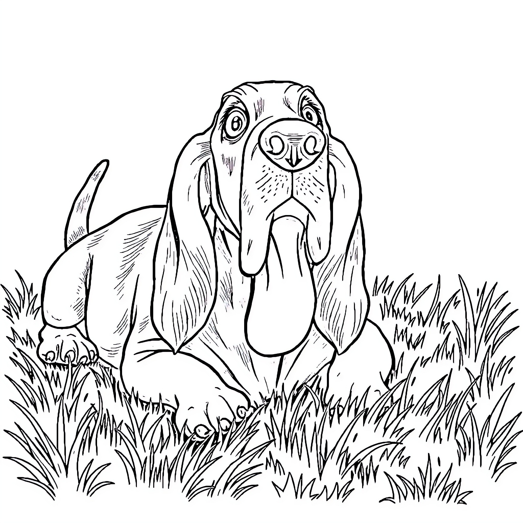 Basset Hound sniffing curiously in the grass Coloring Page (free black-and-white line drawing printable PDF for all, from beginners to advanced learners, including children, teens, adults, and seniors)