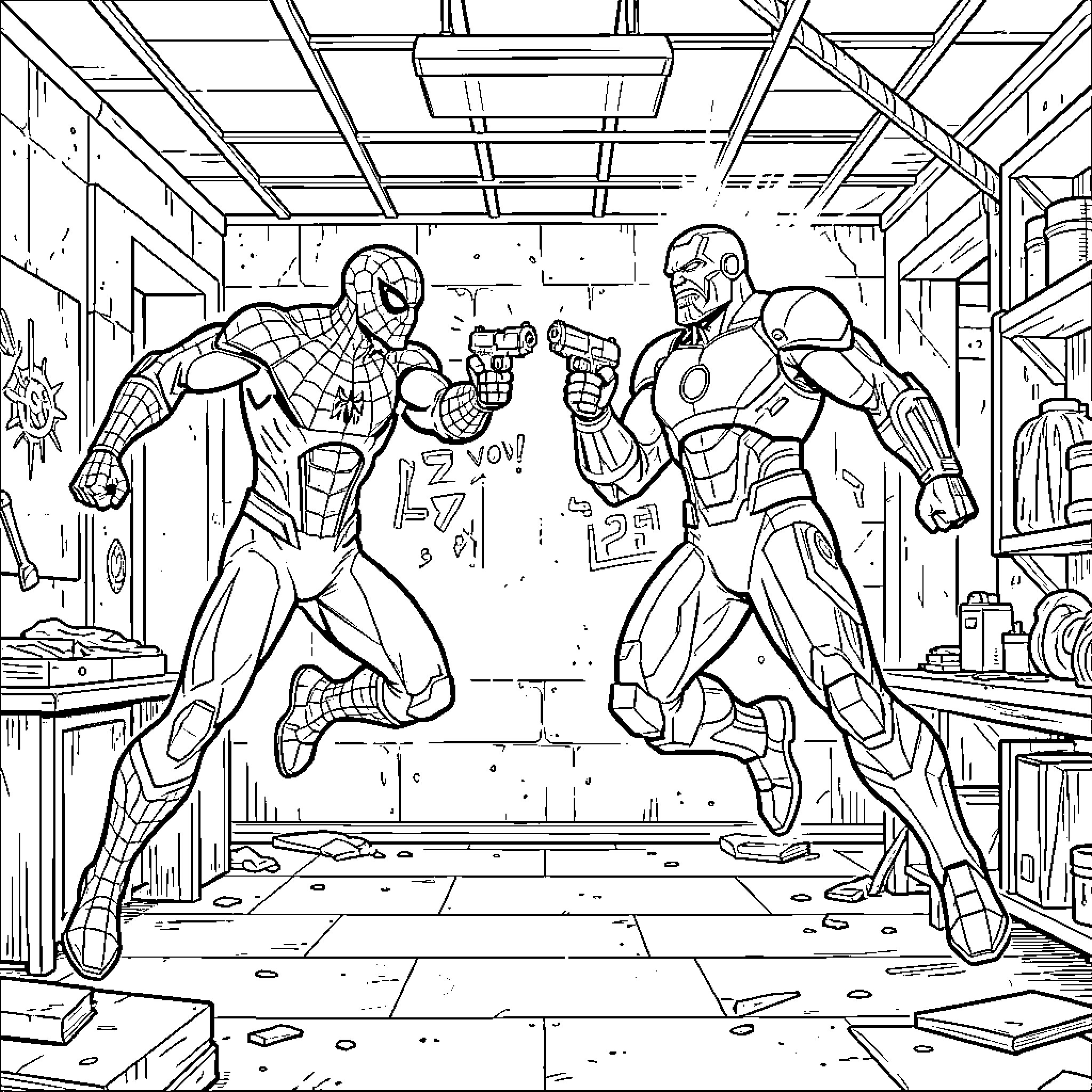 Spiderman and Iron Man facing off in a workshop Coloring Page (free black-and-white line drawing printable PDF for all, from beginners to advanced learners, including children, teens, adults, and seniors)