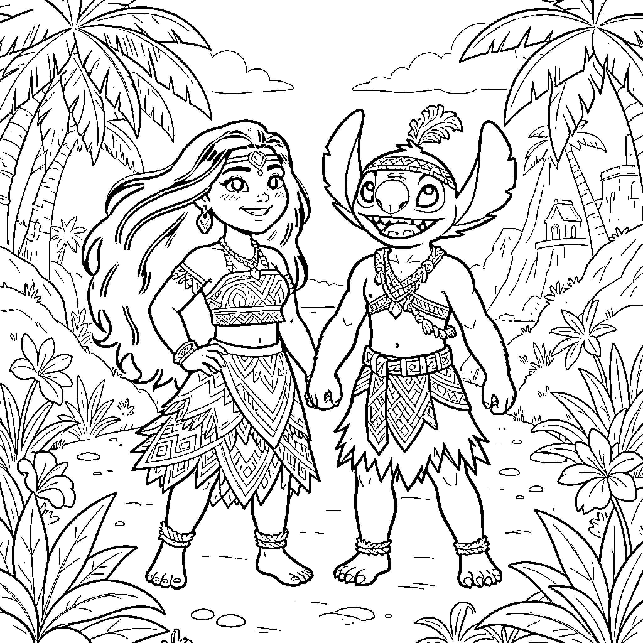 Moana and a friendly character standing in a tropical setting Coloring Page (free black-and-white line drawing printable PDF for all, from beginners to advanced learners, including children, teens, adults, and seniors)