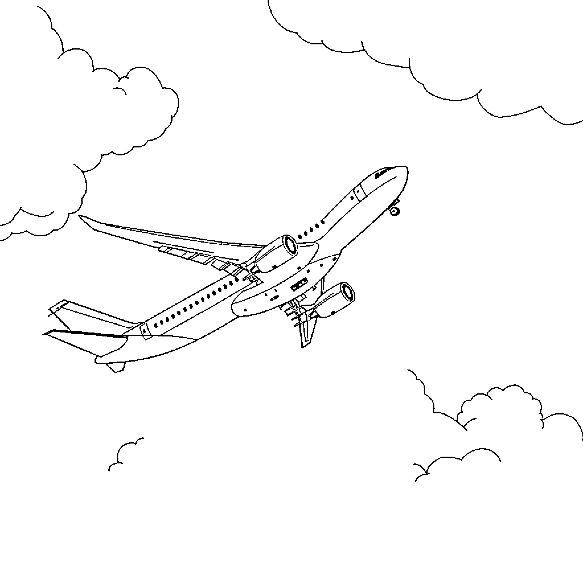 Plane taking off with clouds in the sky Coloring Page (free black-and-white line drawing printable PDF for all, from beginners to advanced learners, including children, teens, adults, and seniors)