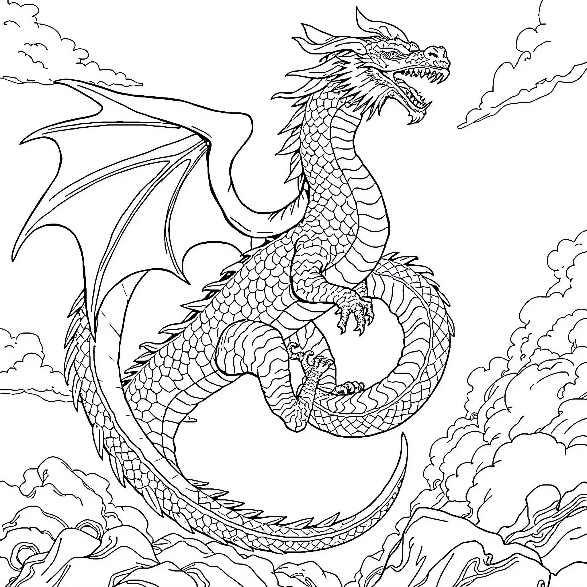 Dragon soaring through the clouds with majestic wings Coloring Page (free black-and-white line drawing printable PDF for all, from beginners to advanced learners, including children, teens, adults, and seniors)
