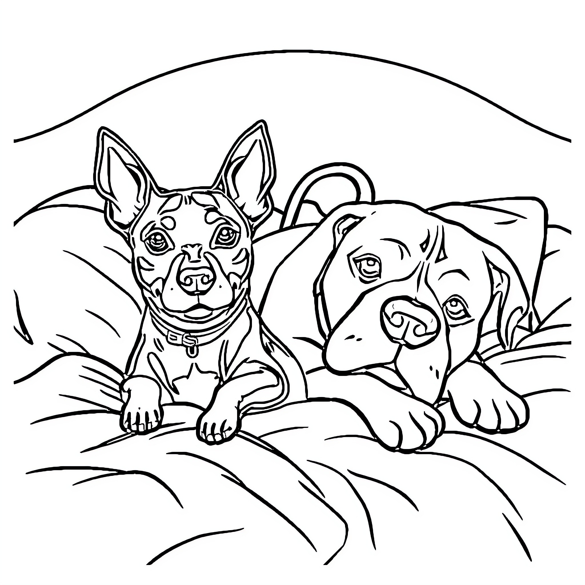 Dog friends enjoying the outdoors together Coloring Page (free black-and-white line drawing printable PDF for all, from beginners to advanced learners, including children, teens, adults, and seniors)