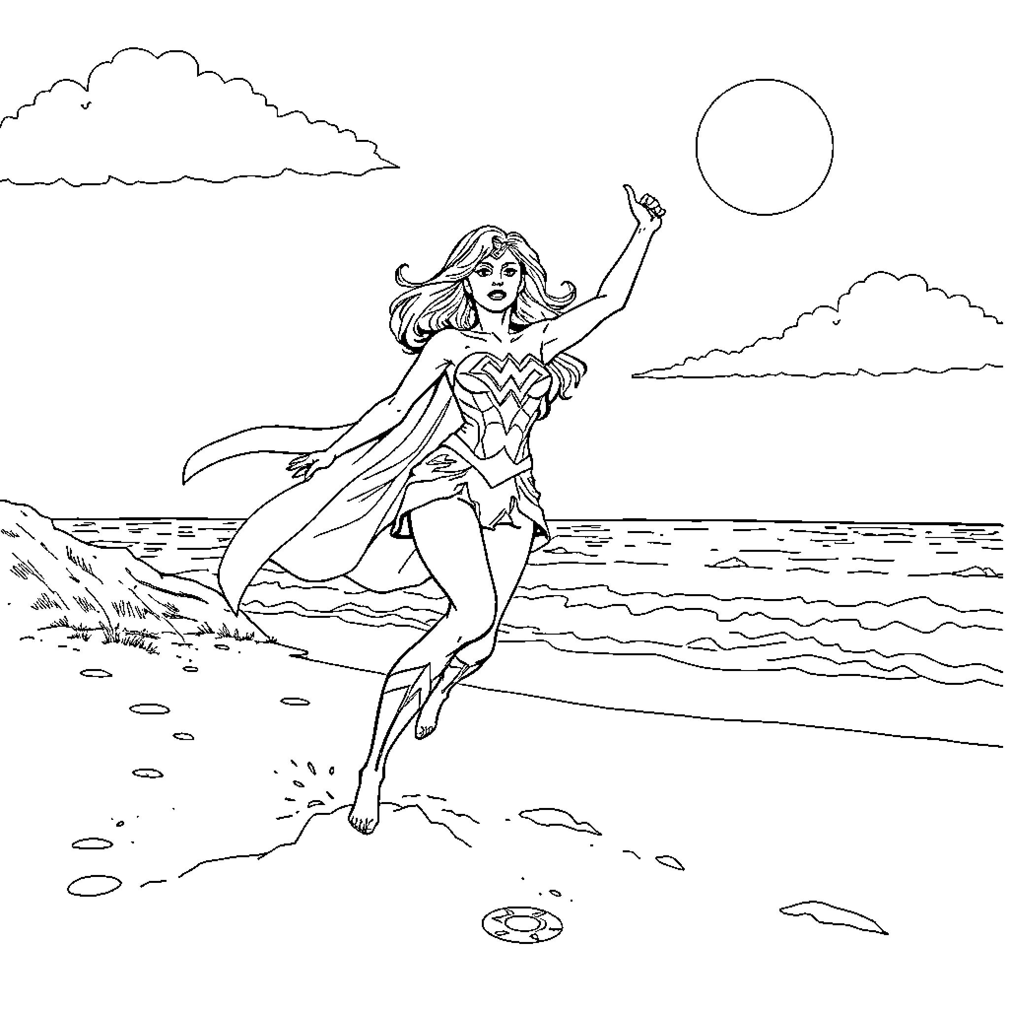 Superwoman enjoying a beautiful sunset by the beach Coloring Page (free black-and-white line drawing printable PDF for all, from beginners to advanced learners, including children, teens, adults, and seniors)