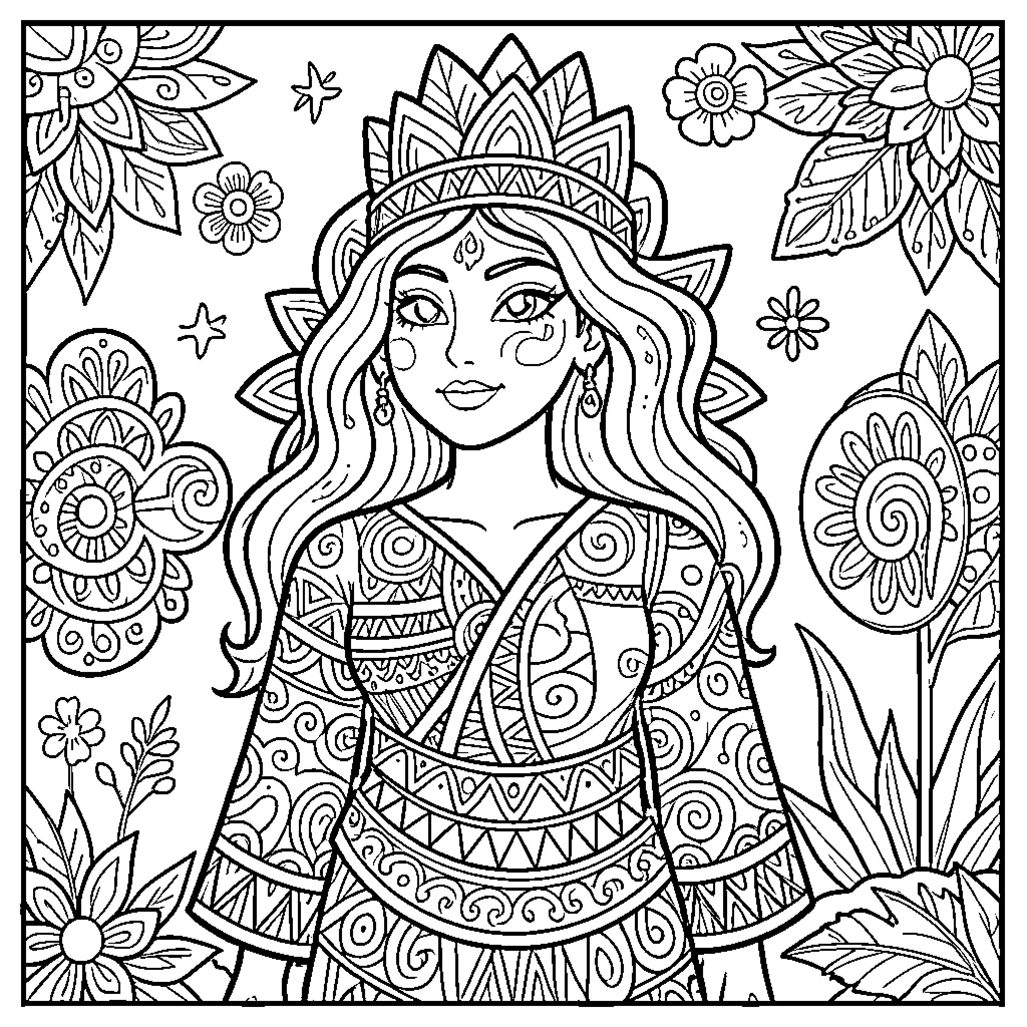 Coco Wyo beautiful woman wearing an ornate crown and patterned dress Coloring Page (free black-and-white line drawing printable PDF for all, from beginners to advanced learners, including children, teens, adults, and seniors)