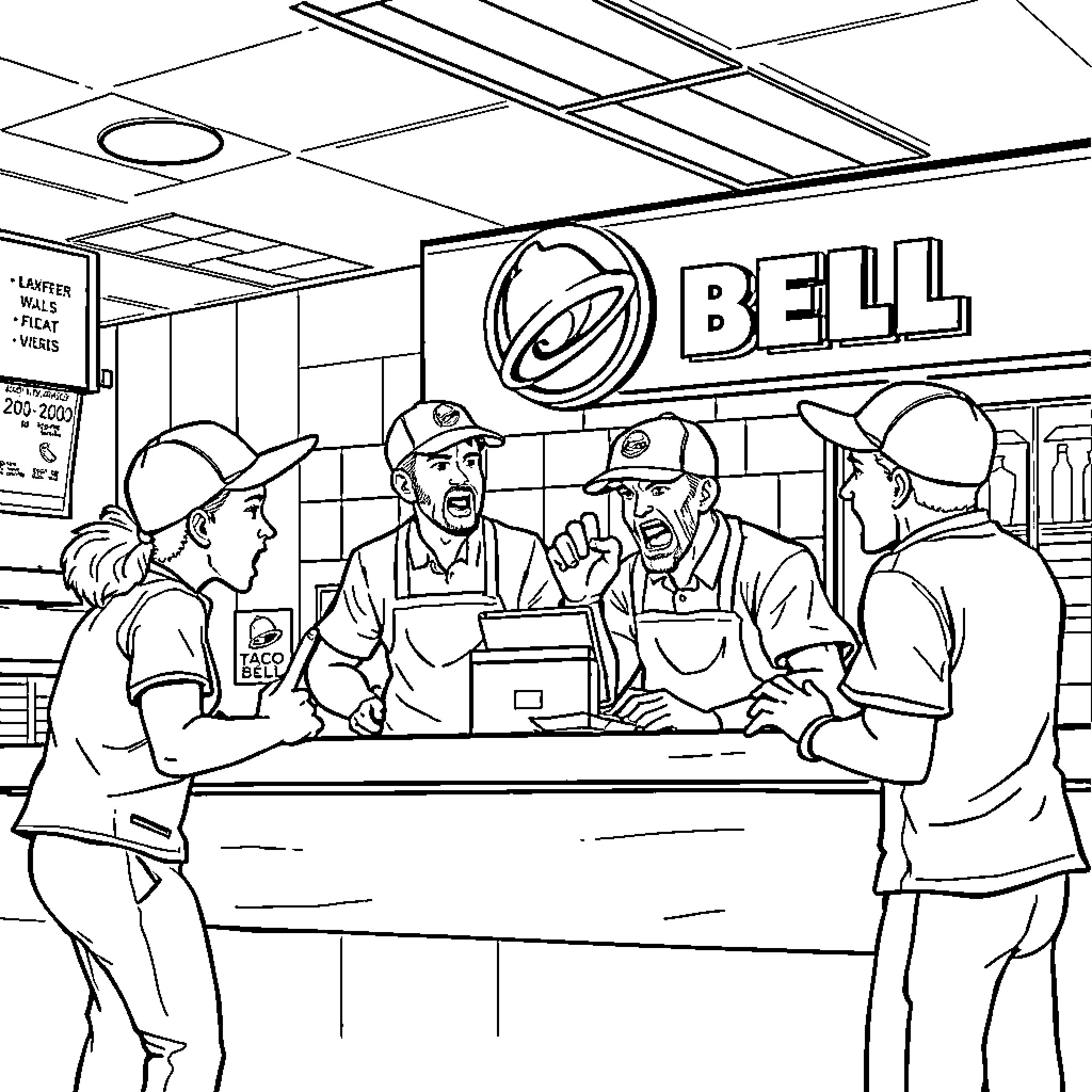 Taco Bell workers serving customers at the counter Coloring Page (free black-and-white line drawing printable PDF for all, from beginners to advanced learners, including children, teens, adults, and seniors)