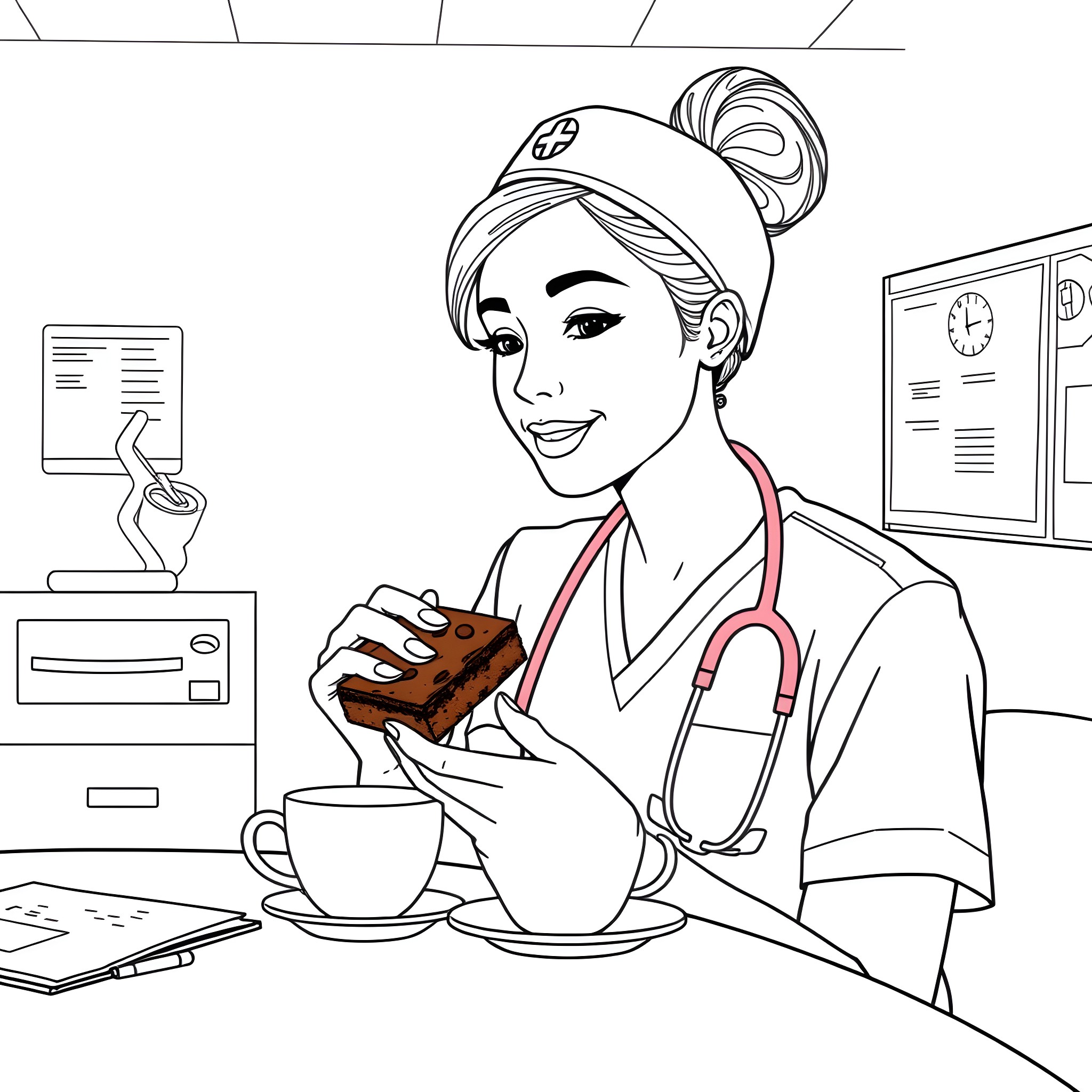 Nurse Enjoying a Break with Coffee and Snack Coloring Page (free black-and-white line drawing printable PDF for all, from beginners to advanced learners, including children, teens, adults, and seniors)