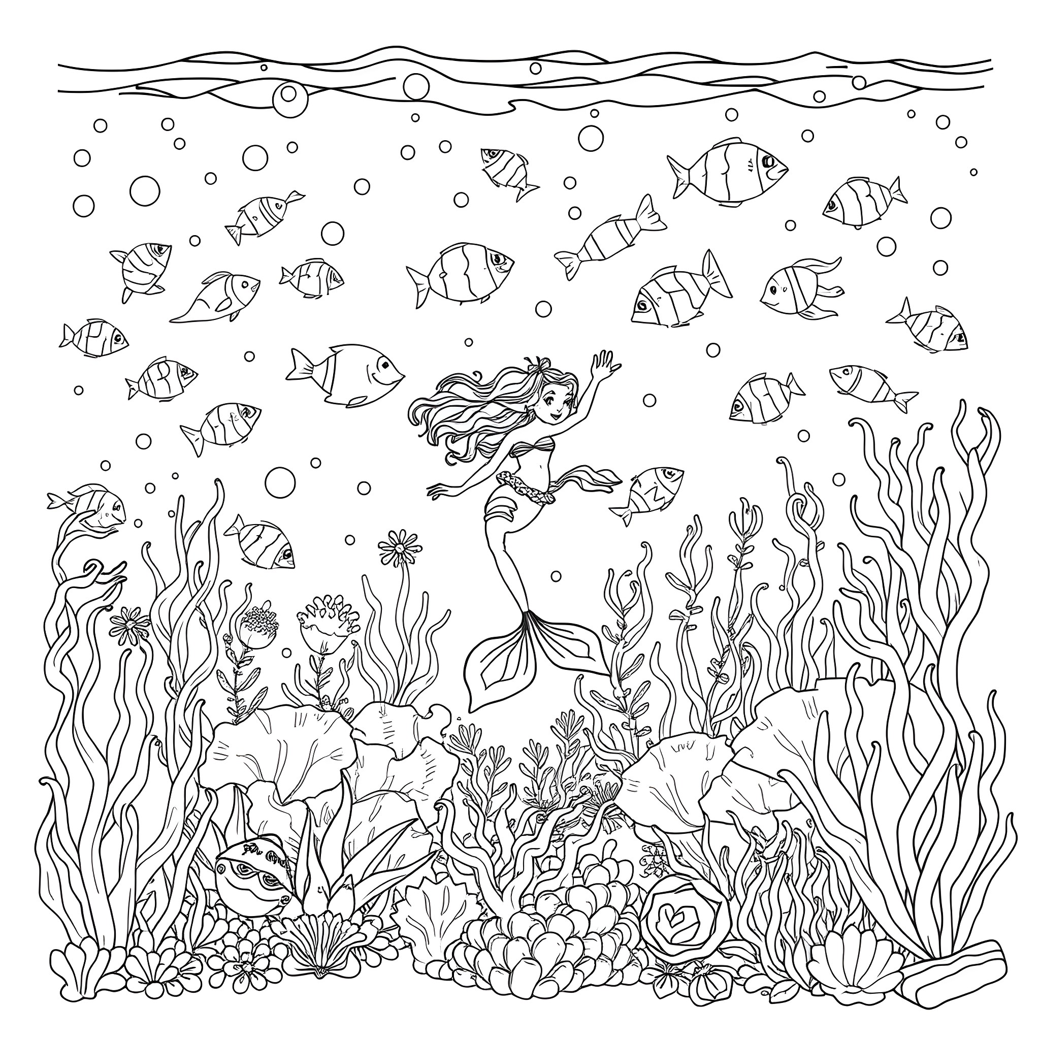 Mermaid swimming among colorful marine life Coloring Page (free black-and-white line drawing printable PDF for all, from beginners to advanced learners, including children, teens, adults, and seniors)