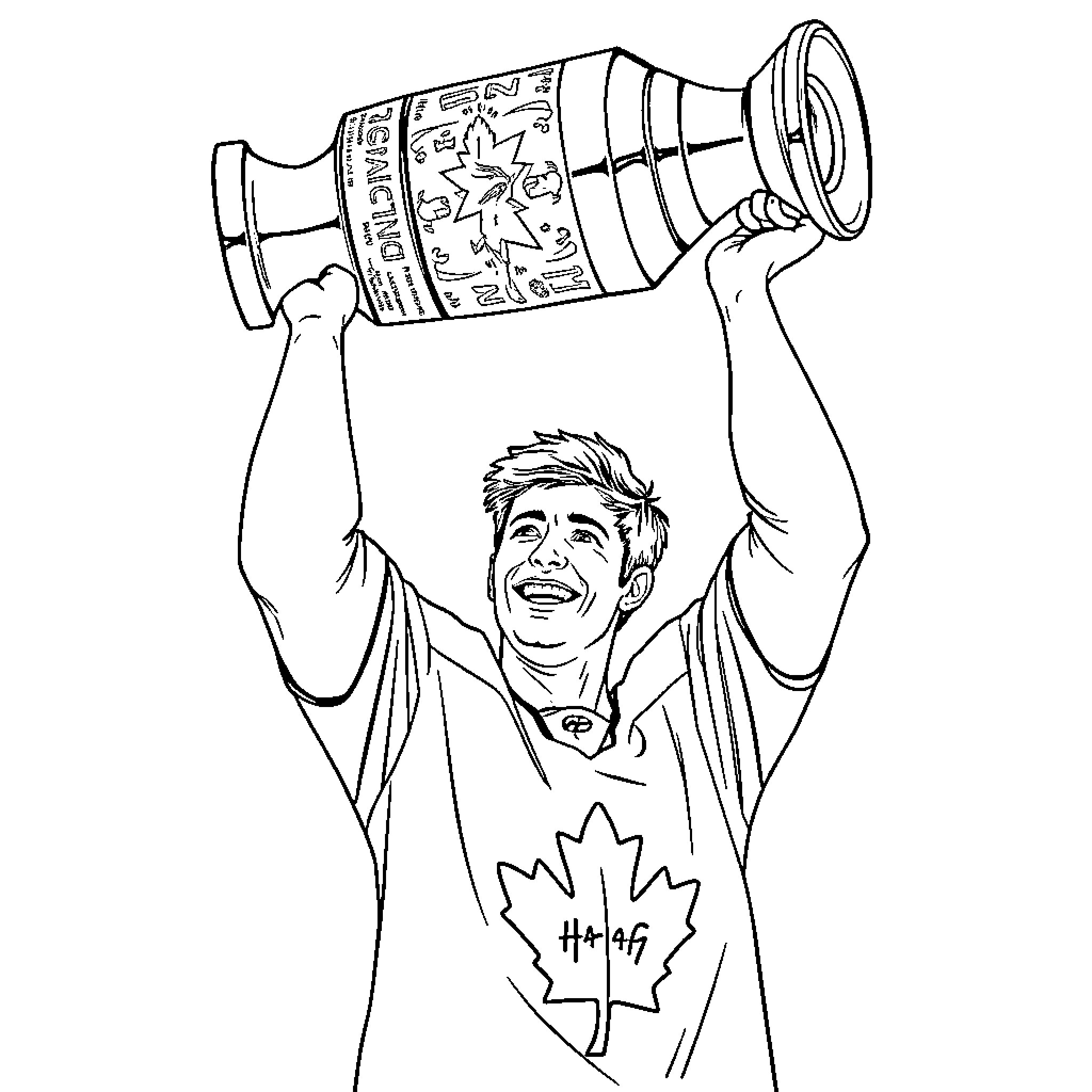 Mitch Marner celebrating victory with trophy Coloring Page (free black-and-white line drawing printable PDF for all, from beginners to advanced learners, including children, teens, adults, and seniors)
