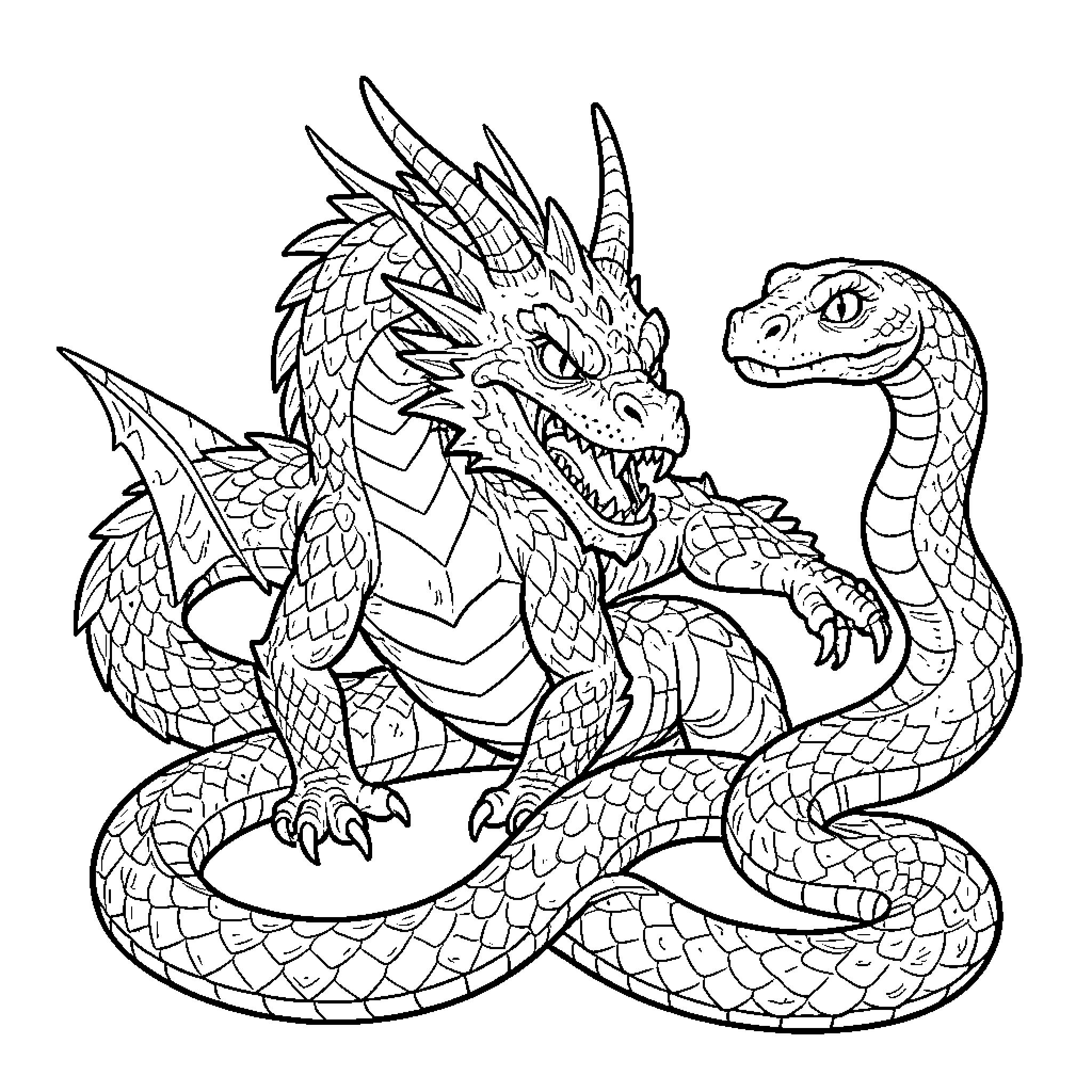 Dragon Coiled and Hissing Threateningly Coloring Page (free black-and-white line drawing printable PDF for all, from beginners to advanced learners, including children, teens, adults, and seniors)
