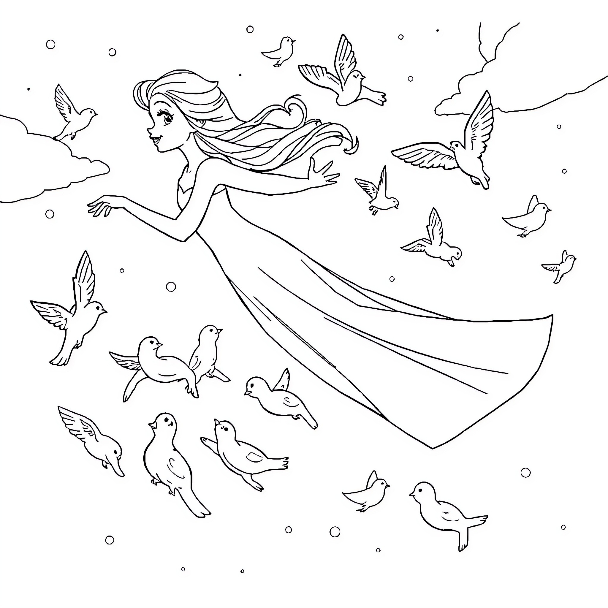 Elsa interacting joyfully with birds in the sky Coloring Page (free black-and-white line drawing printable PDF for all, from beginners to advanced learners, including children, teens, adults, and seniors)