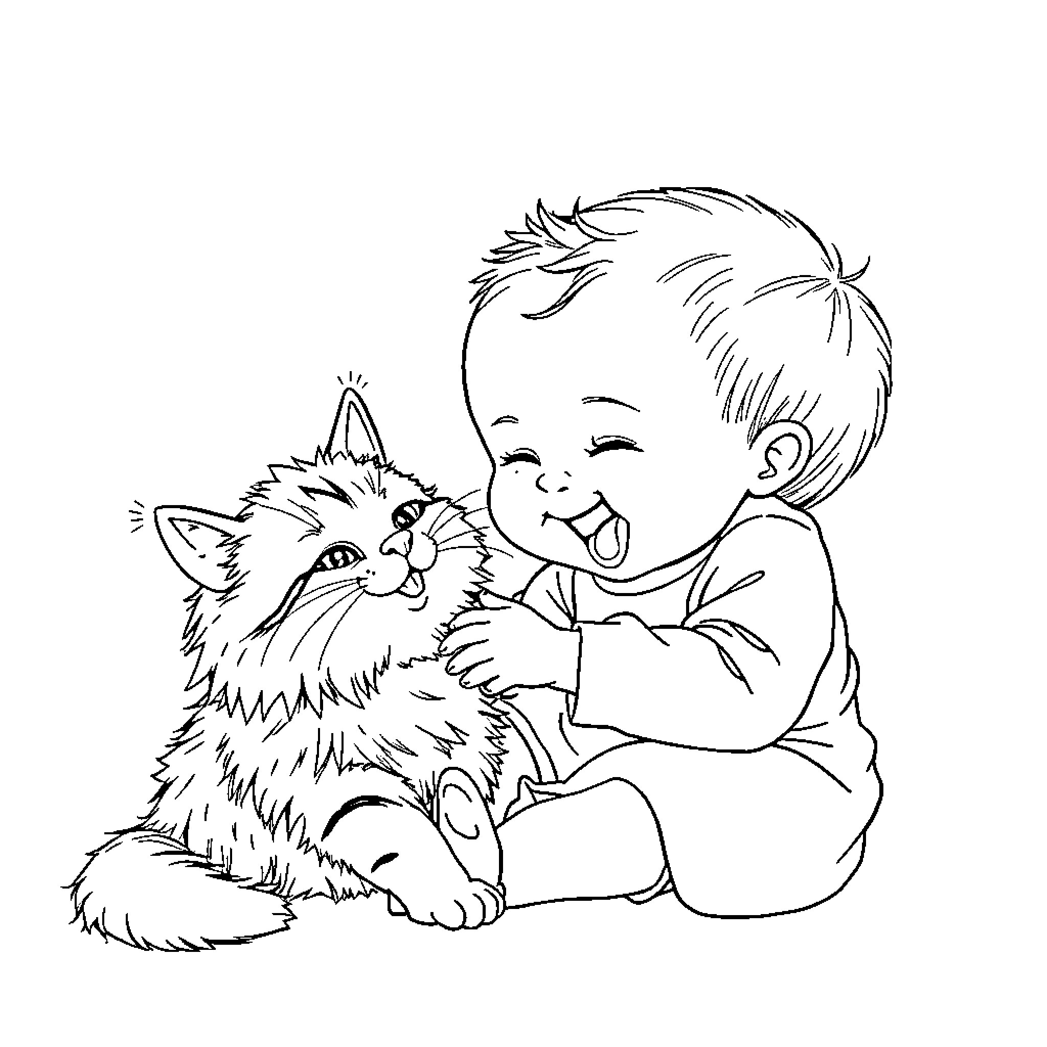Baby playing happily with a furry friend Coloring Page (free black-and-white line drawing printable PDF for all, from beginners to advanced learners, including children, teens, adults, and seniors)