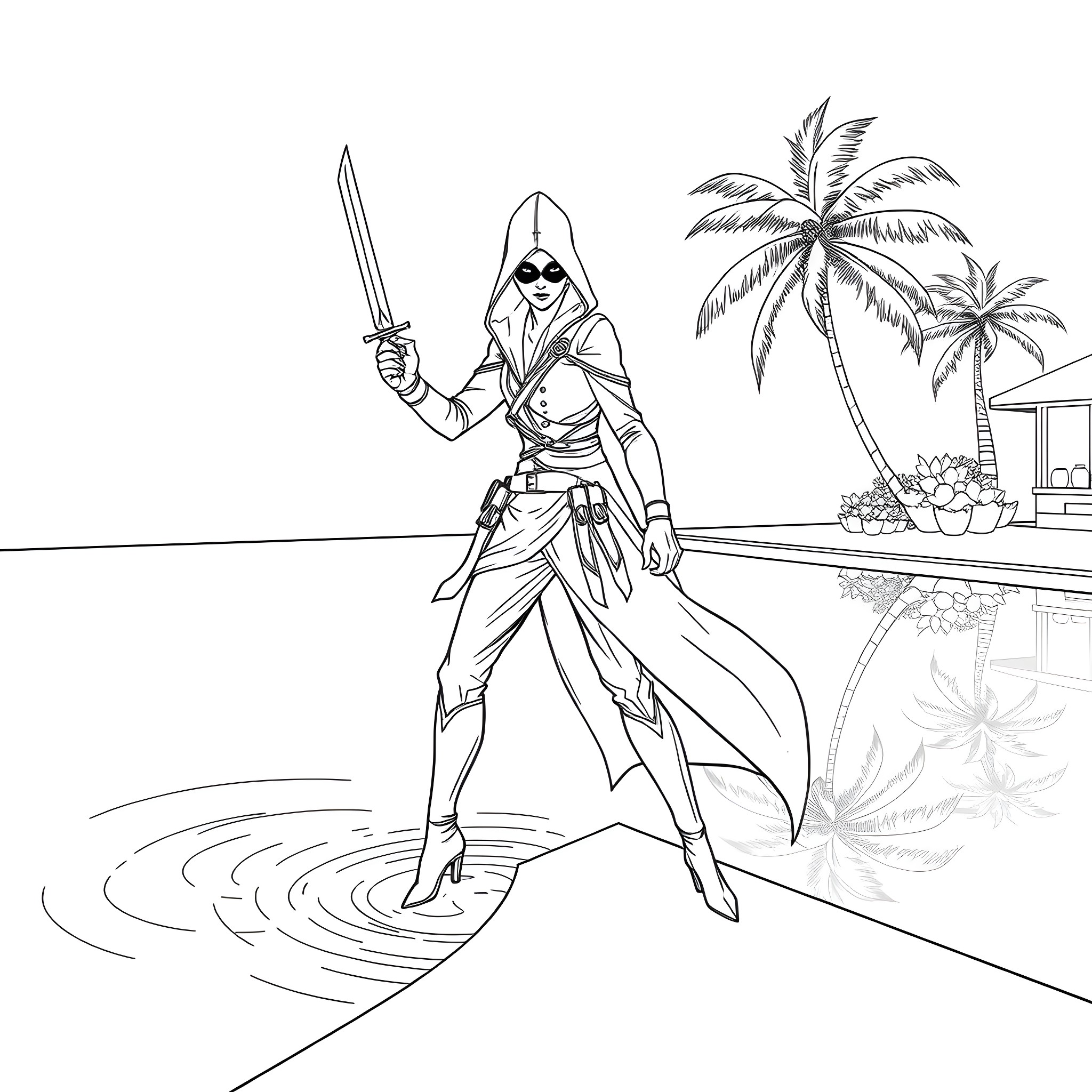 Cappuccino with a Ninja in a Tropical Paradise Coloring Page (free black-and-white line drawing printable PDF for all, from beginners to advanced learners, including children, teens, adults, and seniors)