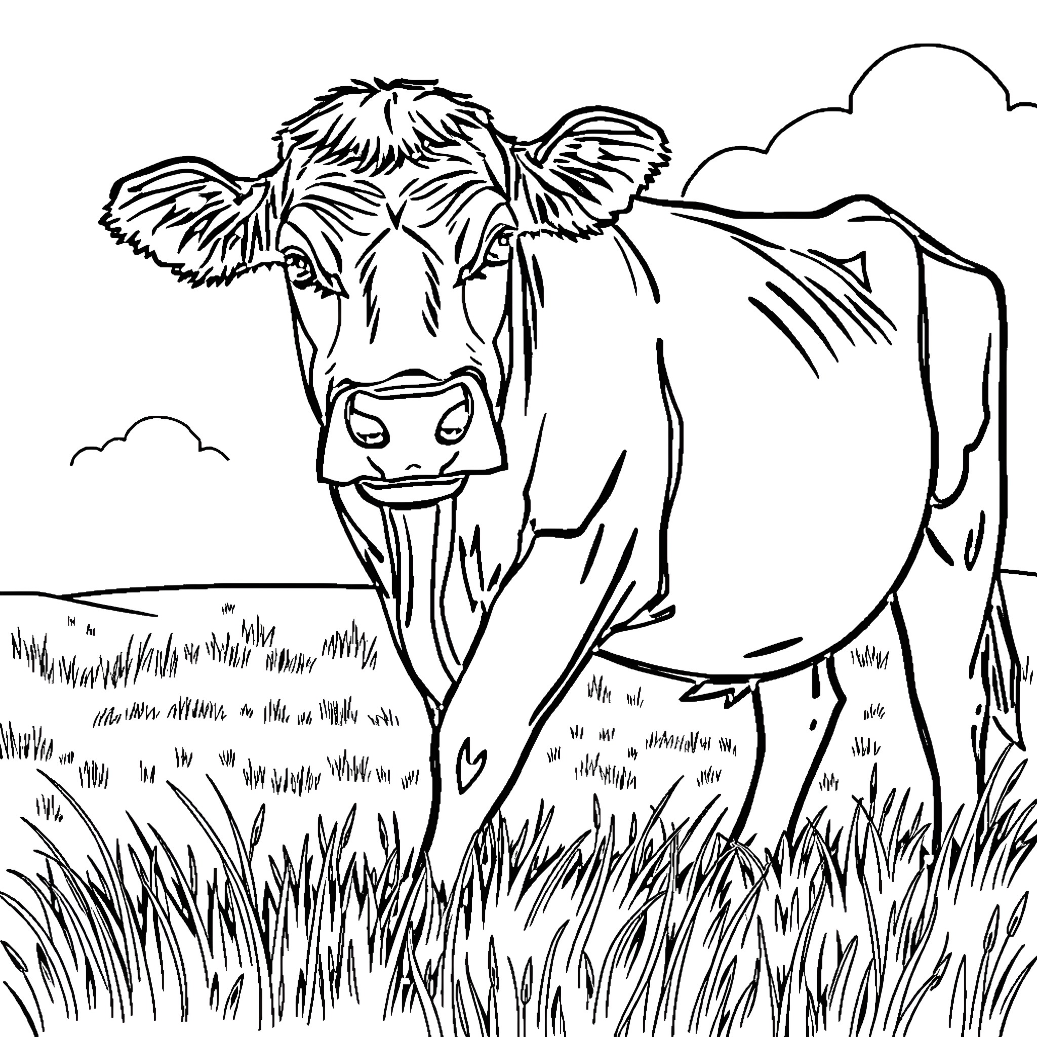 Cow standing in grassy field Coloring Page (free black-and-white line drawing printable PDF for all, from beginners to advanced learners, including children, teens, adults, and seniors)