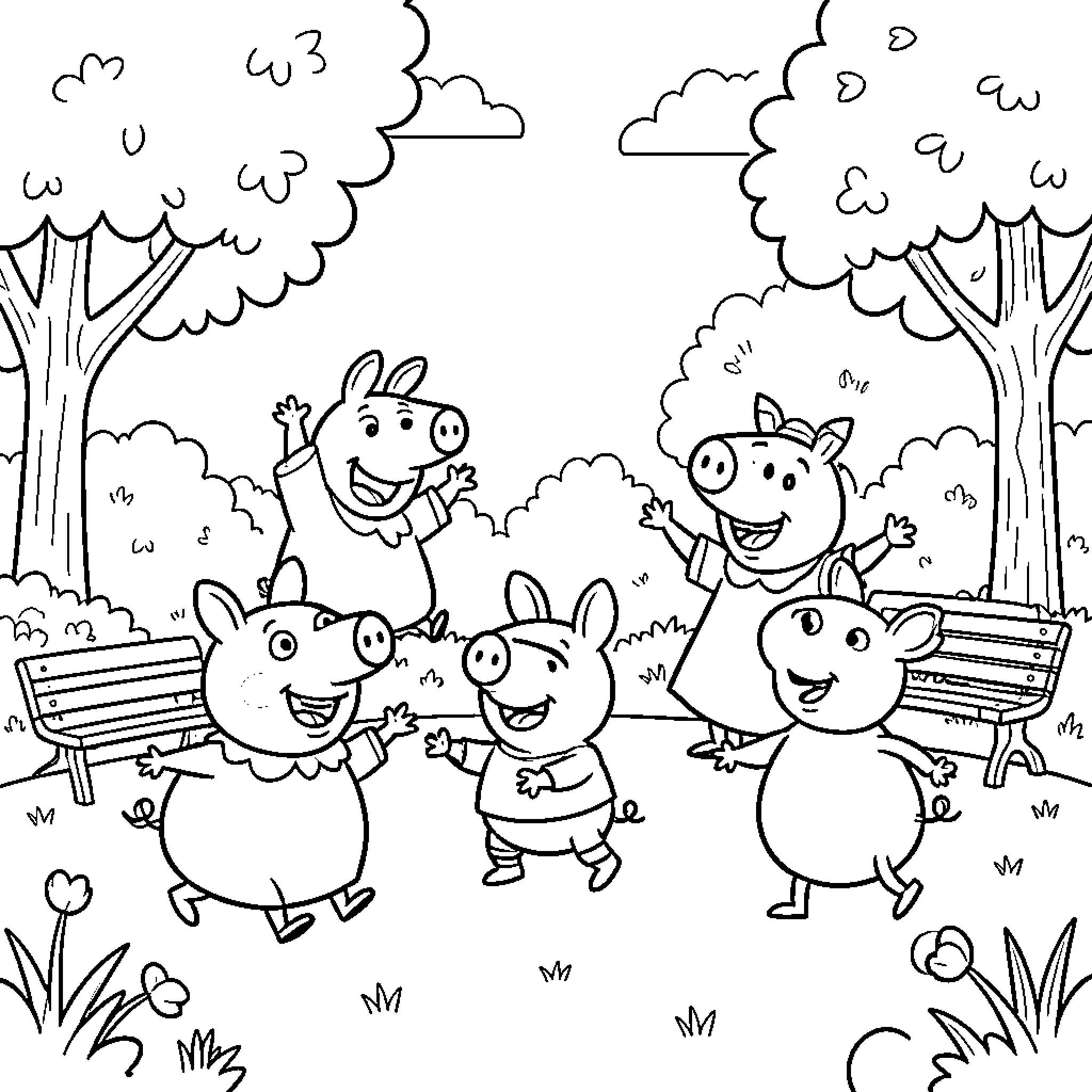 Peppa Pig and friends playing happily in the park Coloring Page (free black-and-white line drawing printable PDF for all, from beginners to advanced learners, including children, teens, adults, and seniors)