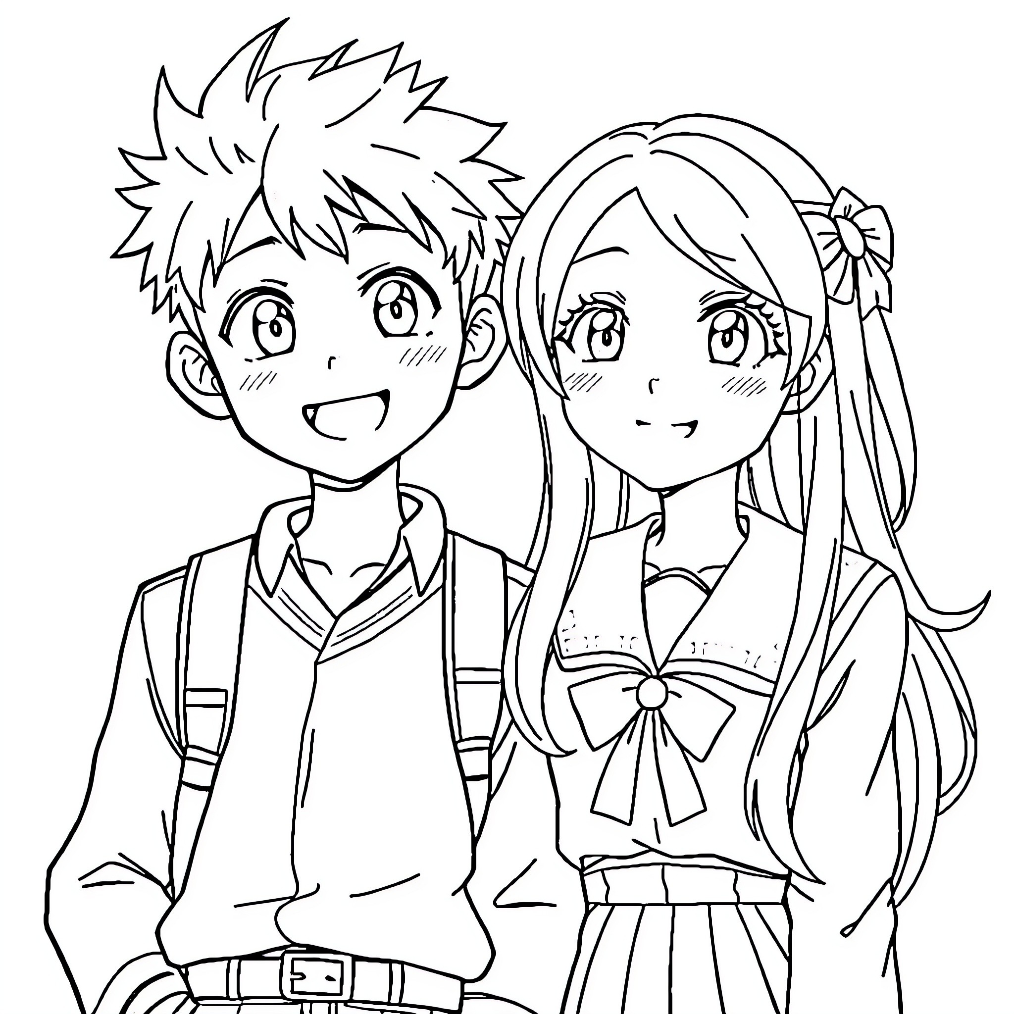 Anime Characters in School Uniforms Coloring Page (free black-and-white line drawing printable PDF for all, from beginners to advanced learners, including children, teens, adults, and seniors)