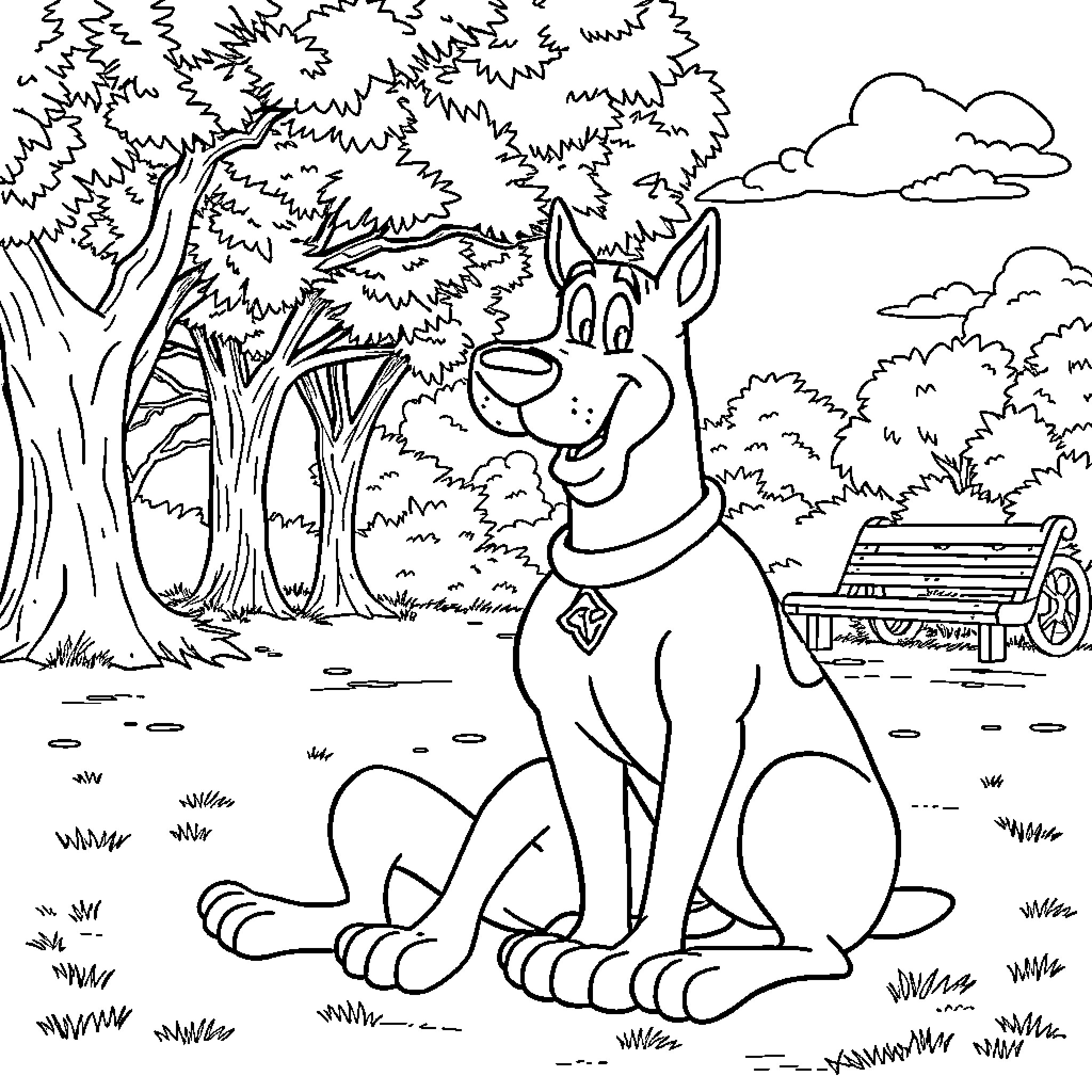 Scooby Doo enjoying nature in the park Coloring Page (free black-and-white line drawing printable PDF for all, from beginners to advanced learners, including children, teens, adults, and seniors)