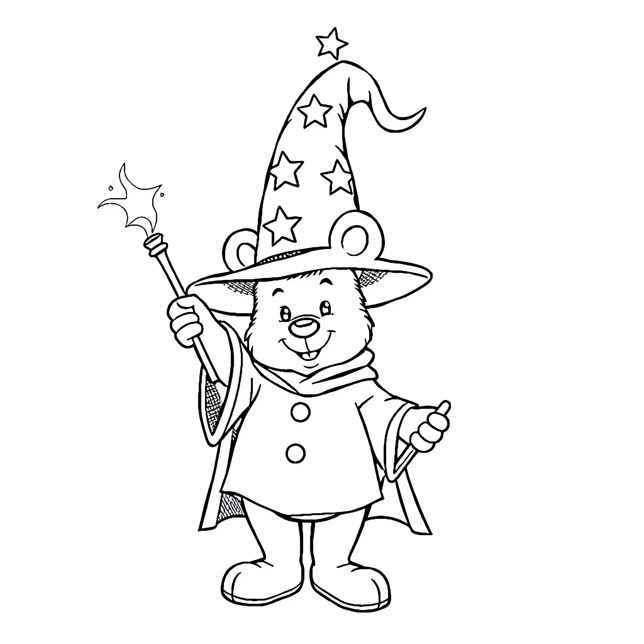Winnie The Pooh as a Magical Wizard Coloring Page (free black-and-white line drawing printable PDF for all, from beginners to advanced learners, including children, teens, adults, and seniors)