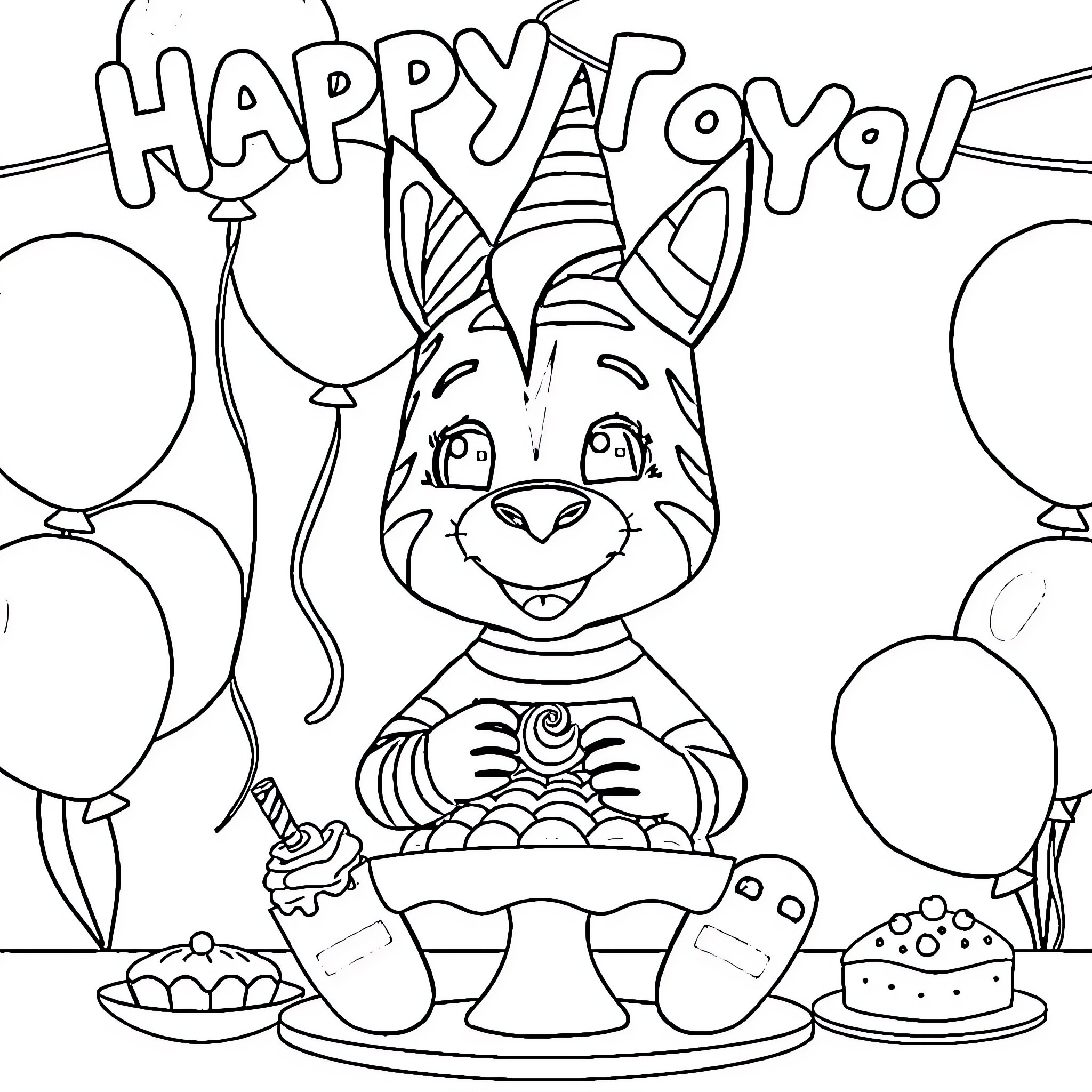 Bumba's Happy Royal Birthday Celebration Coloring Page (free black-and-white line drawing printable PDF for all, from beginners to advanced learners, including children, teens, adults, and seniors)