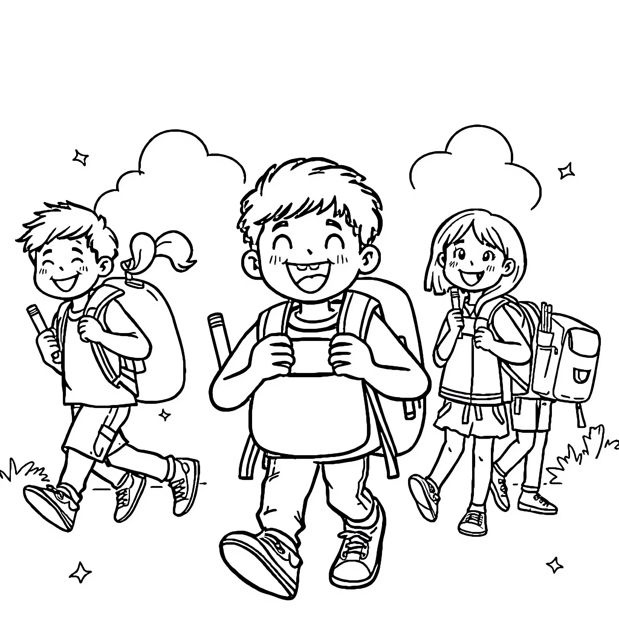 School kids happily walking together Coloring Page (free black-and-white line drawing printable PDF for all, from beginners to advanced learners, including children, teens, adults, and seniors)
