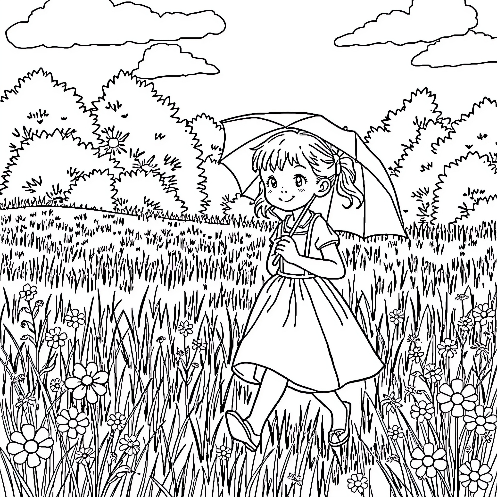 Girl walking in the meadow with an umbrella Coloring Page (free black-and-white line drawing printable PDF for all, from beginners to advanced learners, including children, teens, adults, and seniors)