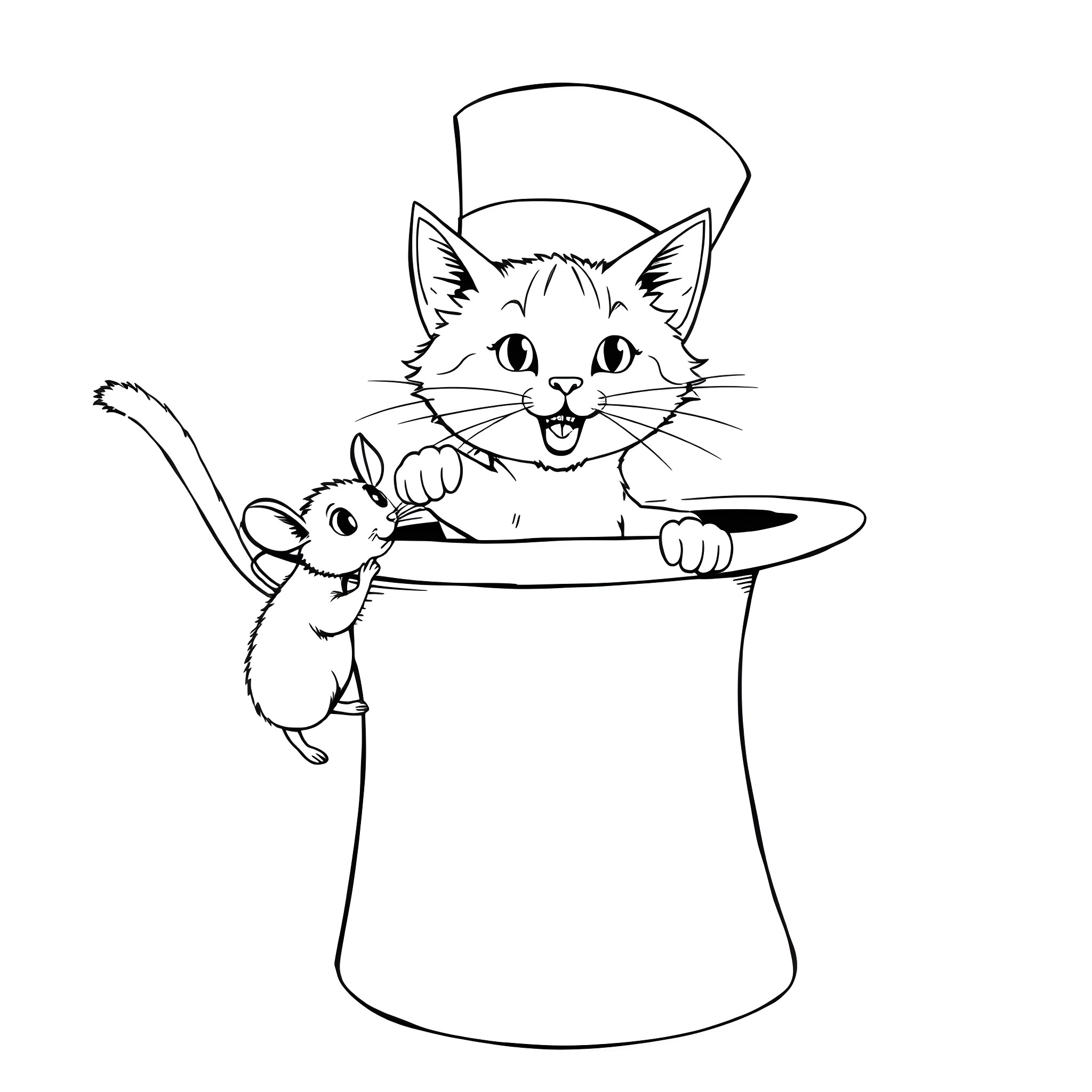 Cat peering out of a pot with a mouse Coloring Page (free black-and-white line drawing printable PDF for all, from beginners to advanced learners, including children, teens, adults, and seniors)