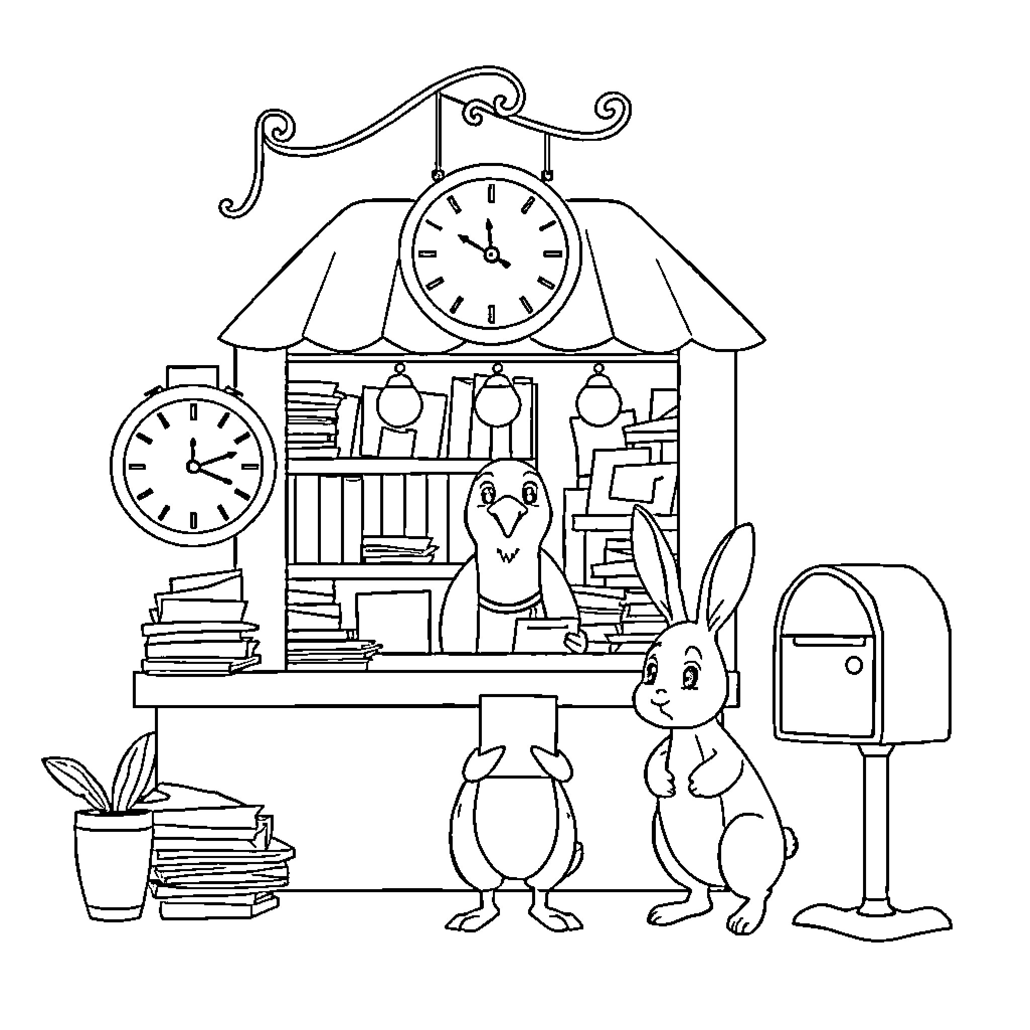 Post Shop with Rabbits, Clocks, and Books Coloring Page (free black-and-white line drawing printable PDF for all, from beginners to advanced learners, including children, teens, adults, and seniors)