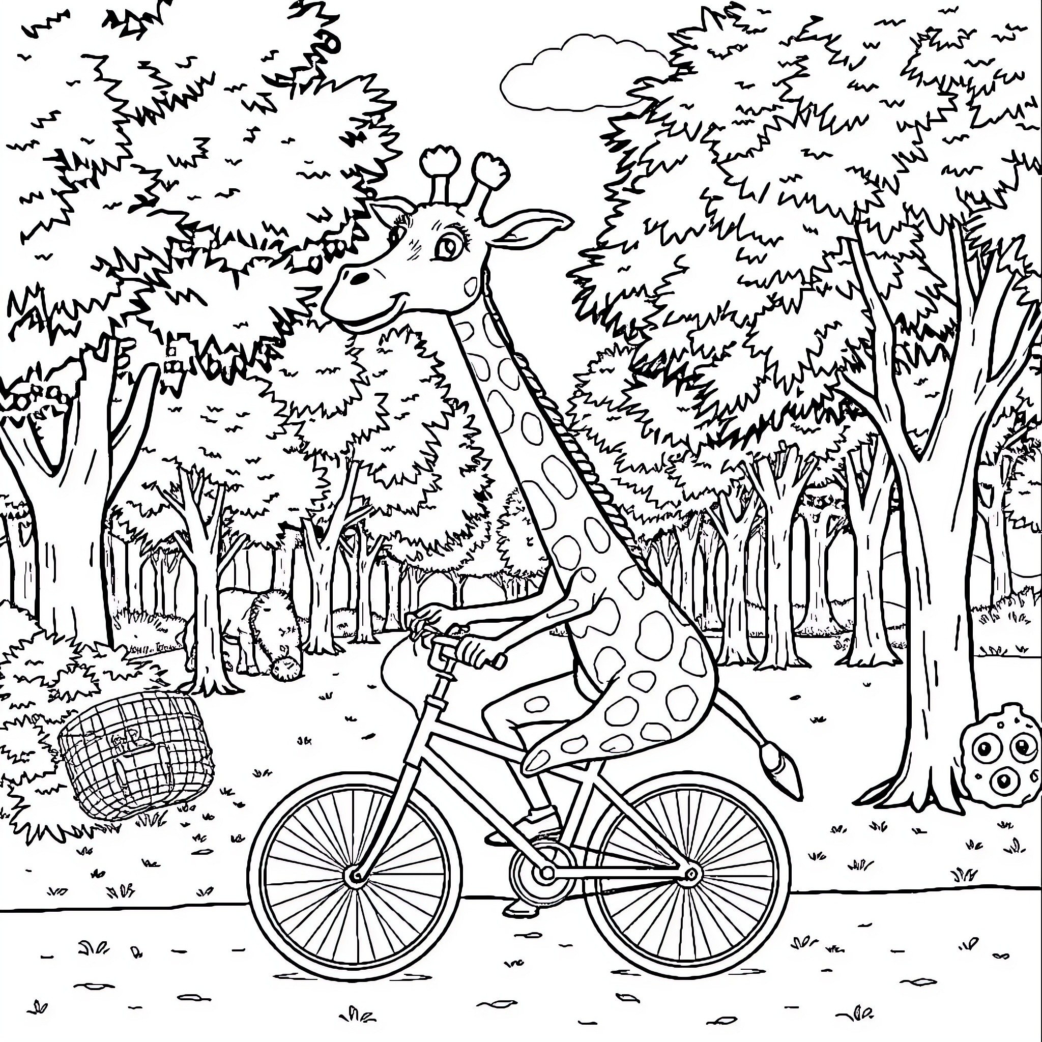 Giraffe riding a bicycle in a forest Coloring Page (free black-and-white line drawing printable PDF for all, from beginners to advanced learners, including children, teens, adults, and seniors)