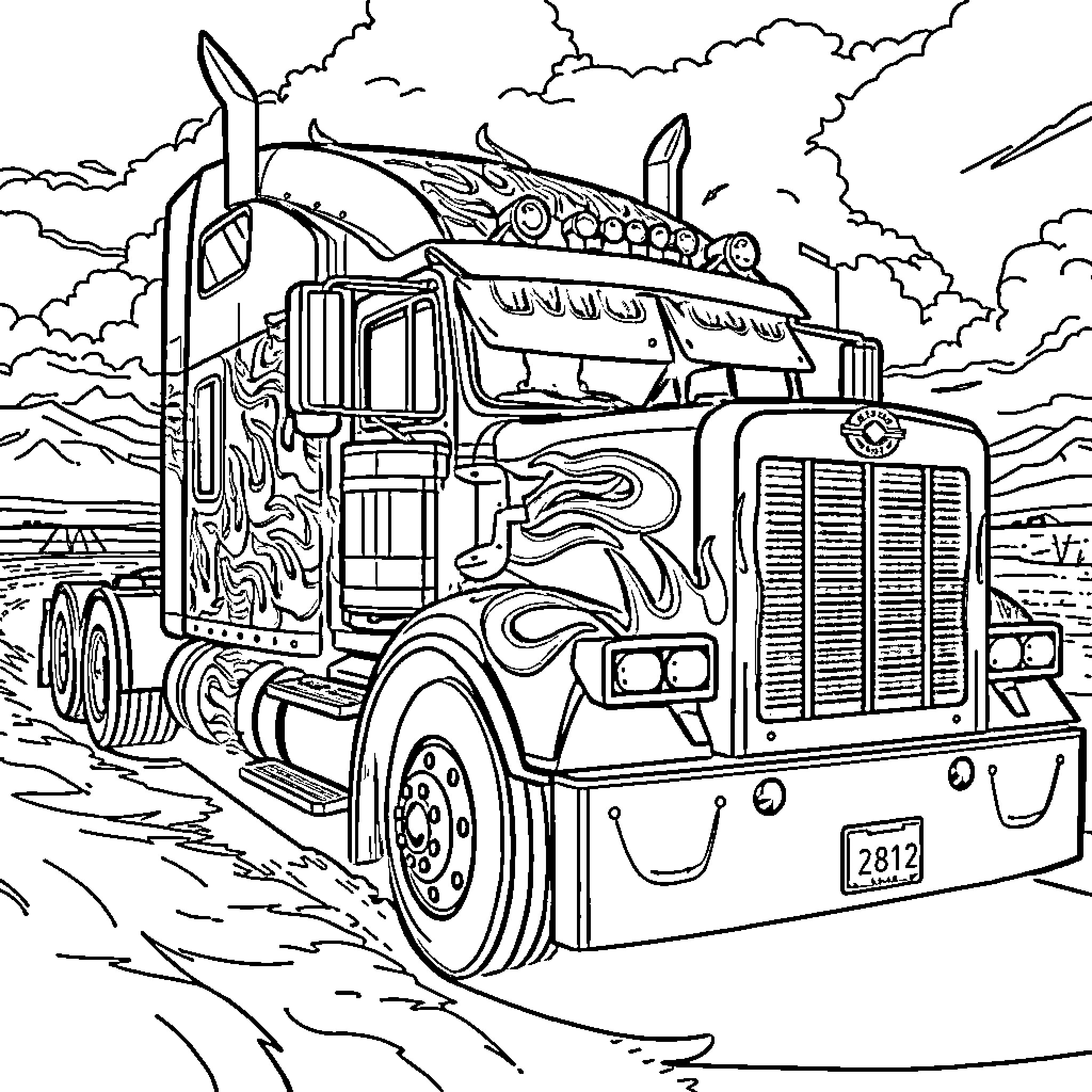 Semi Truck Driving Across Rugged Terrain Coloring Page (free black-and-white line drawing printable PDF for all, from beginners to advanced learners, including children, teens, adults, and seniors)
