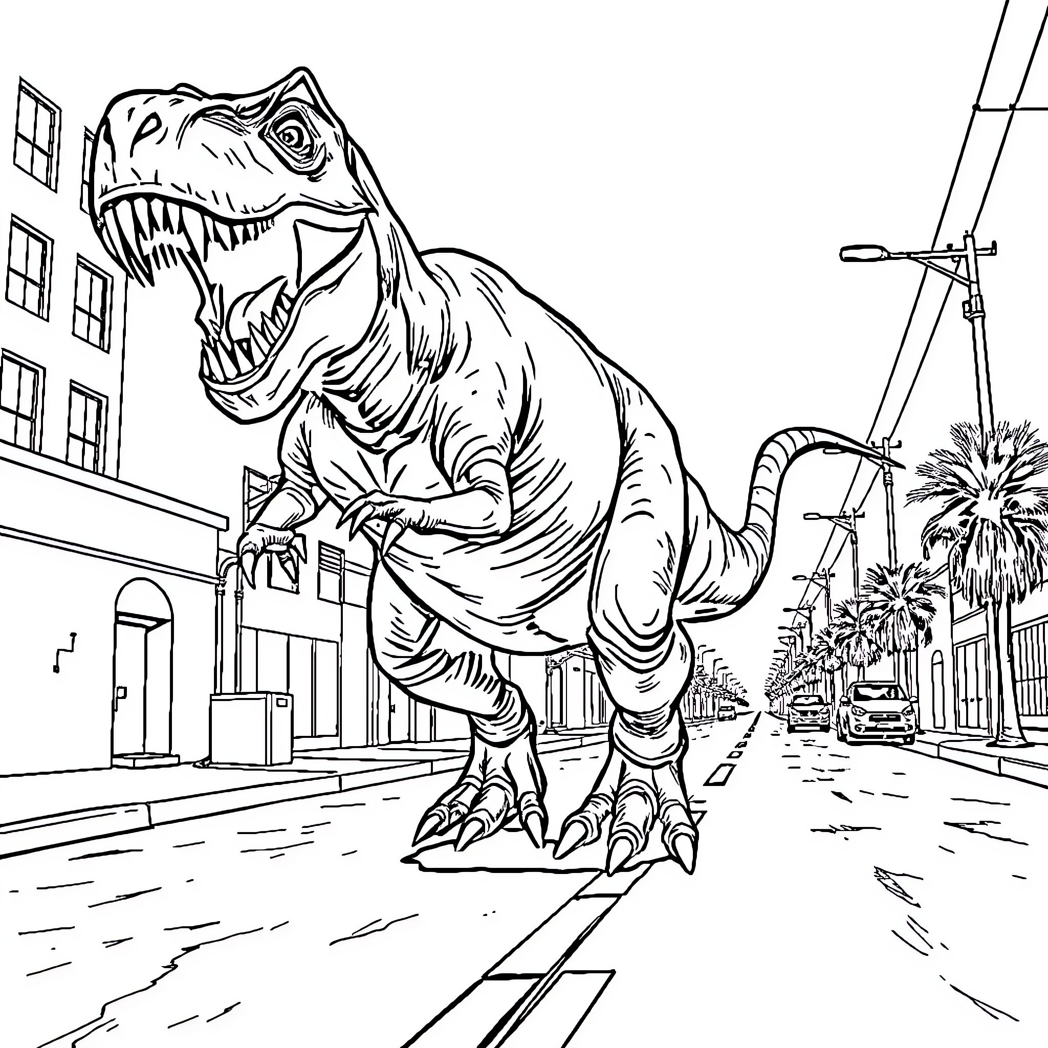 Tyrannosaurus Roaring Aggressively in the City Coloring Page (free black-and-white line drawing printable PDF for all, from beginners to advanced learners, including children, teens, adults, and seniors)