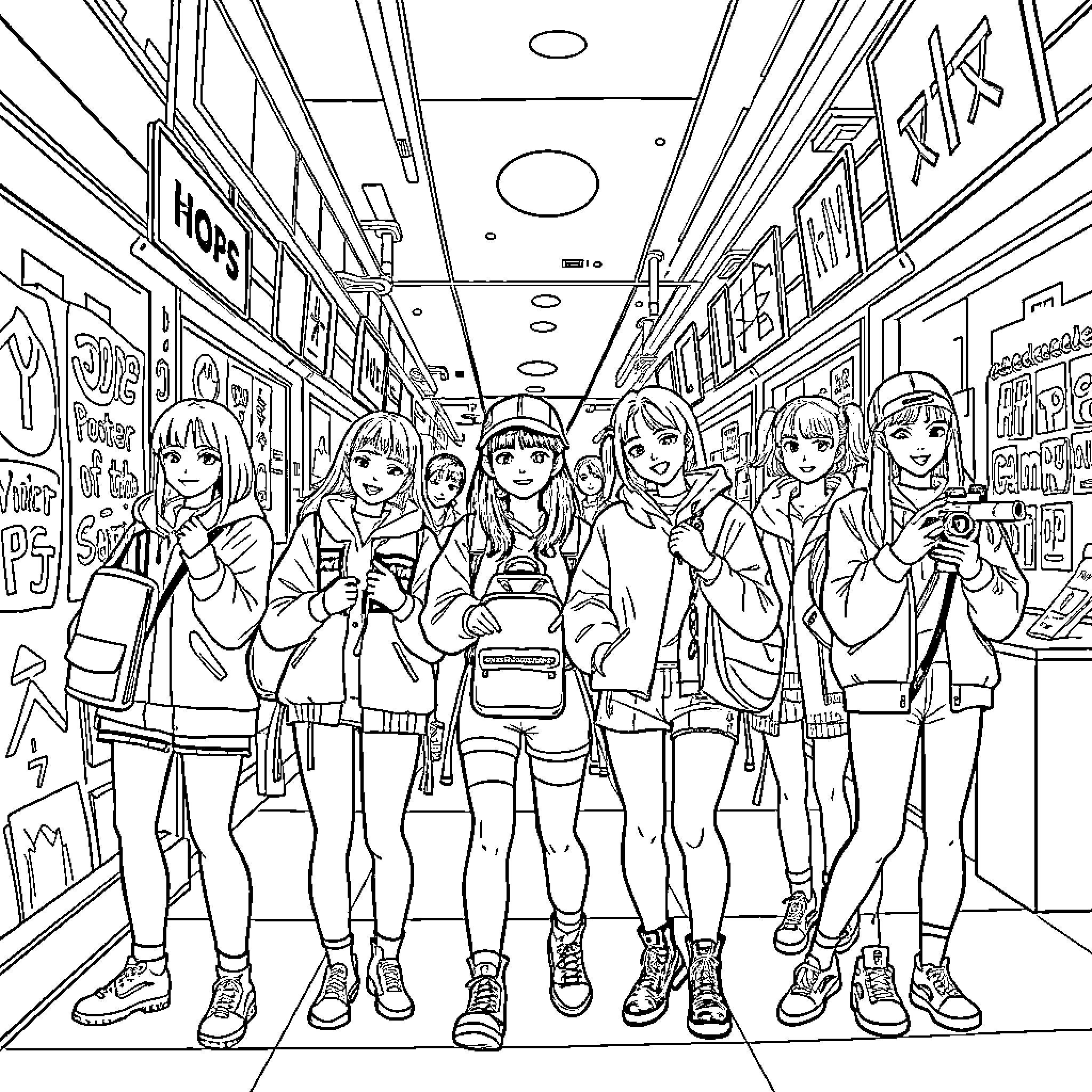K-pop Hunter: Group of stylish young friends in a busy urban scene Coloring Page (free black-and-white line drawing printable PDF for all, from beginners to advanced learners, including children, teens, adults, and seniors)