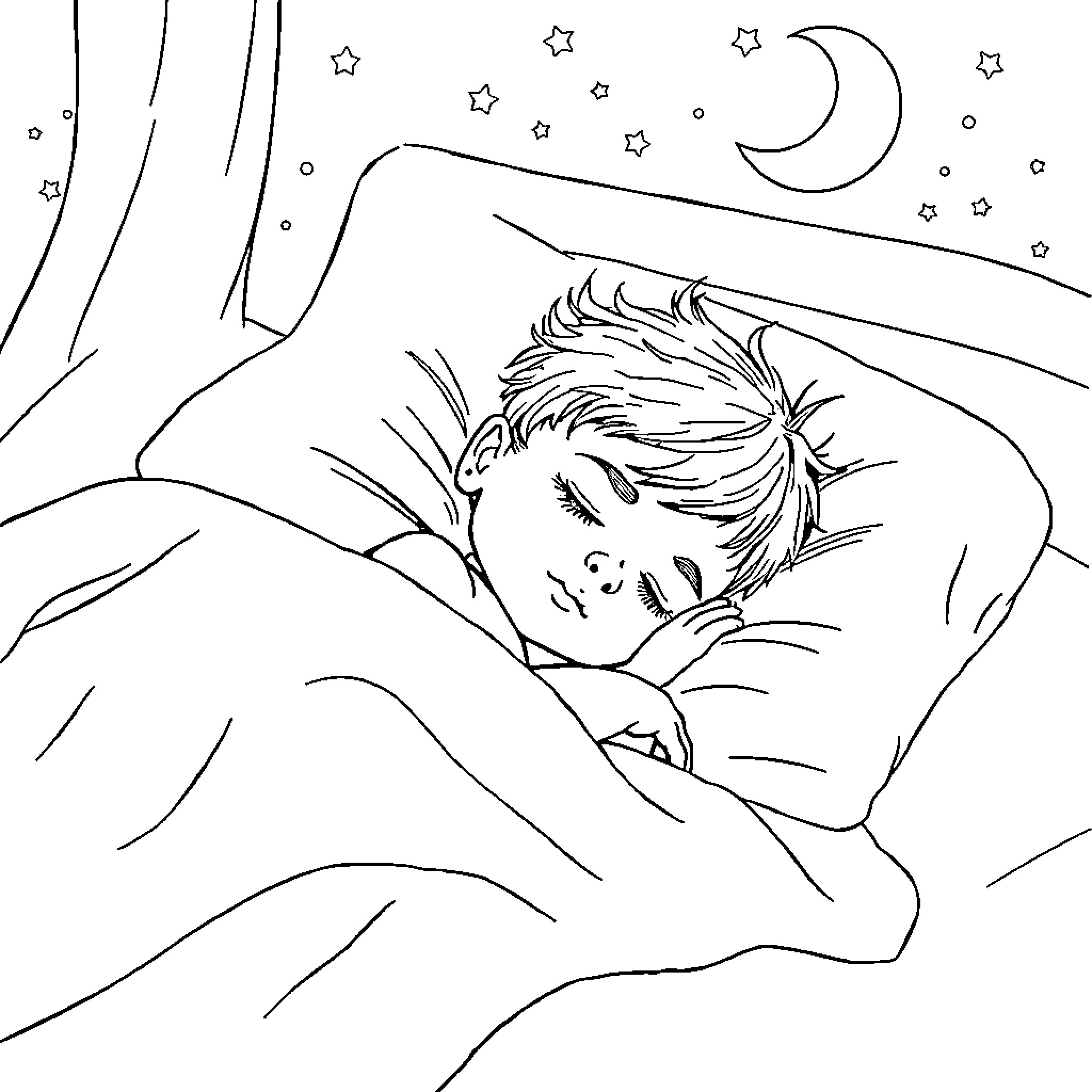 Child sleeping soundly under the night sky Coloring Page (free black-and-white line drawing printable PDF for all, from beginners to advanced learners, including children, teens, adults, and seniors)