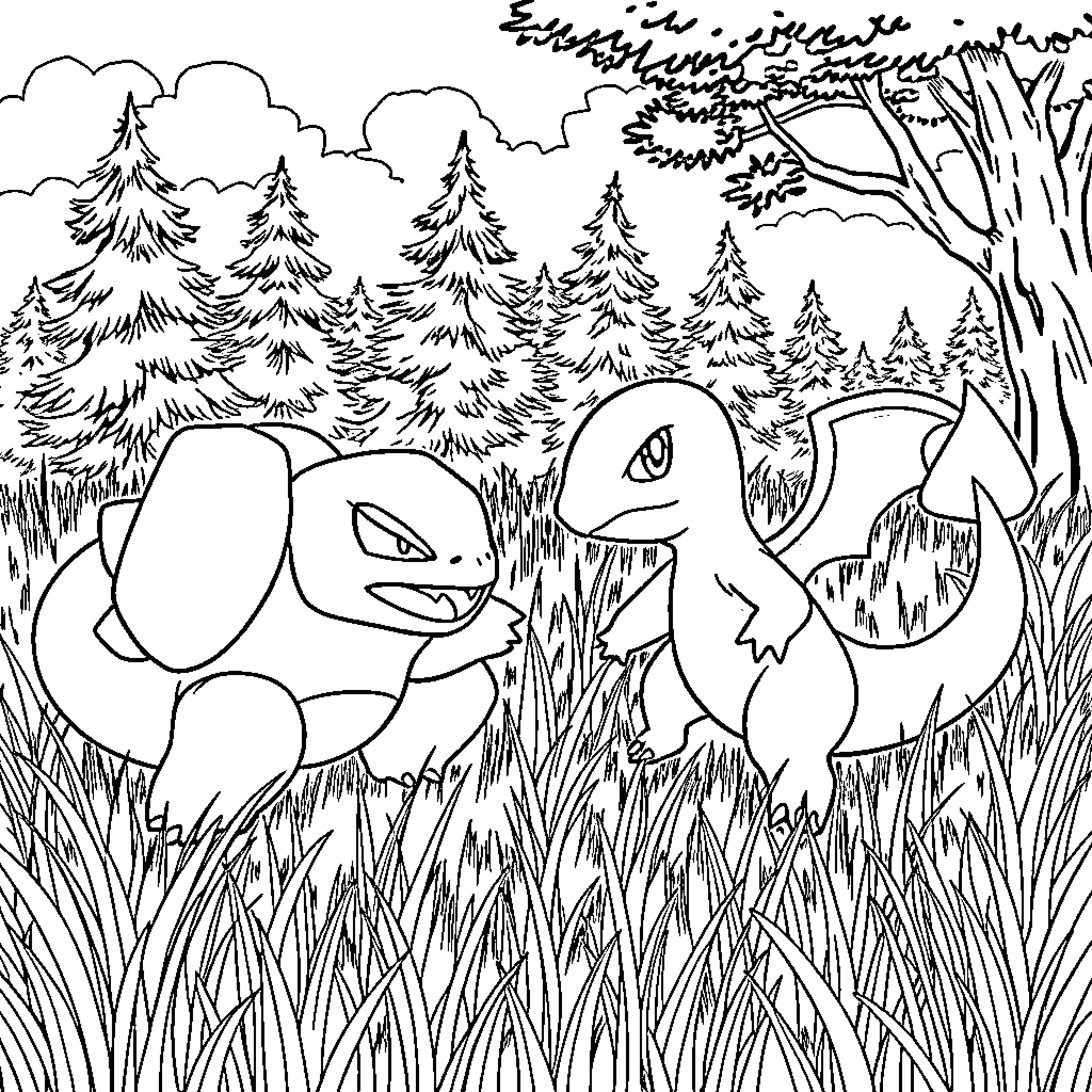 Bulbasaur exploring the forest landscape Coloring Page (free black-and-white line drawing printable PDF for all, from beginners to advanced learners, including children, teens, adults, and seniors)