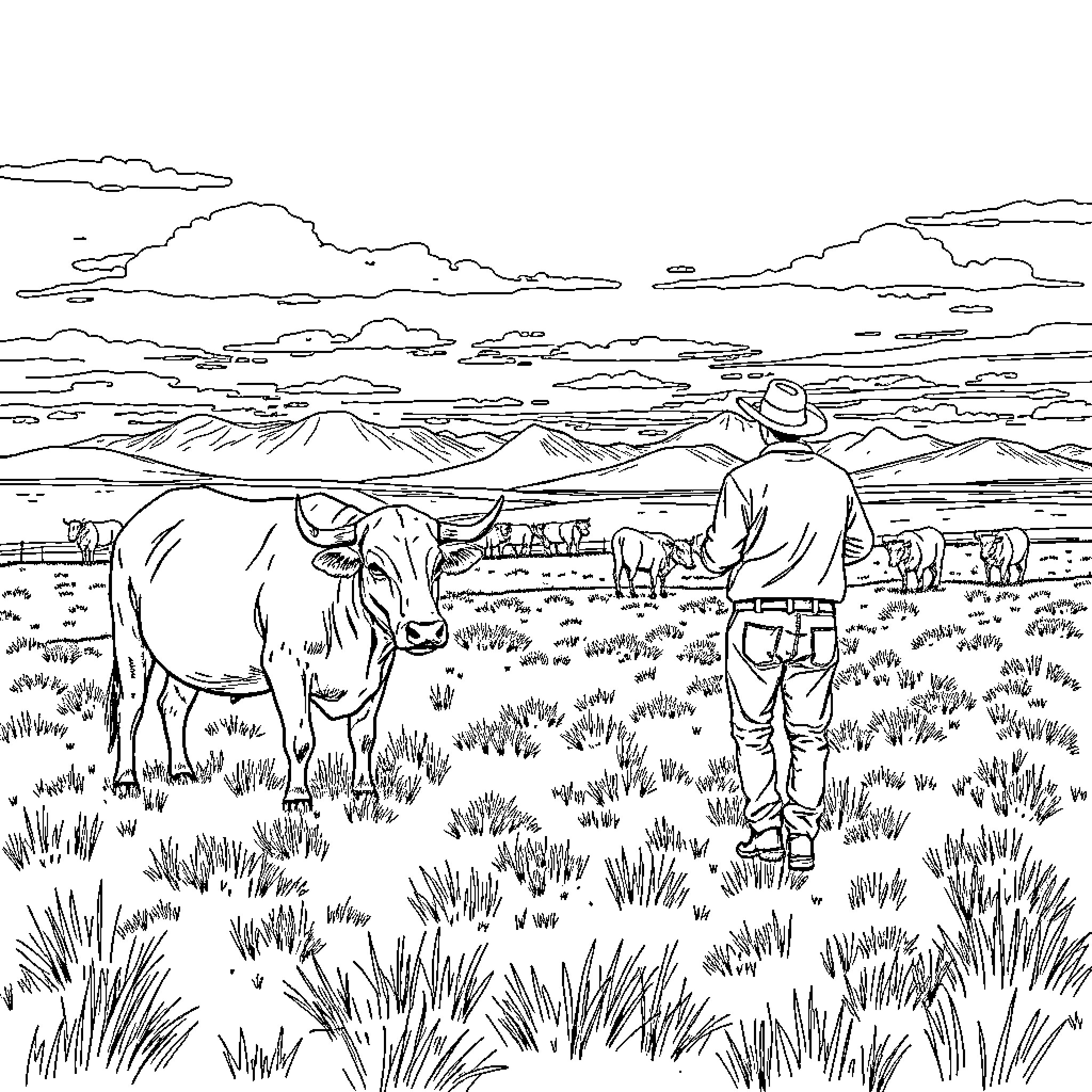 Cattle grazing peacefully in a rural landscape Coloring Page (free black-and-white line drawing printable PDF for all, from beginners to advanced learners, including children, teens, adults, and seniors)