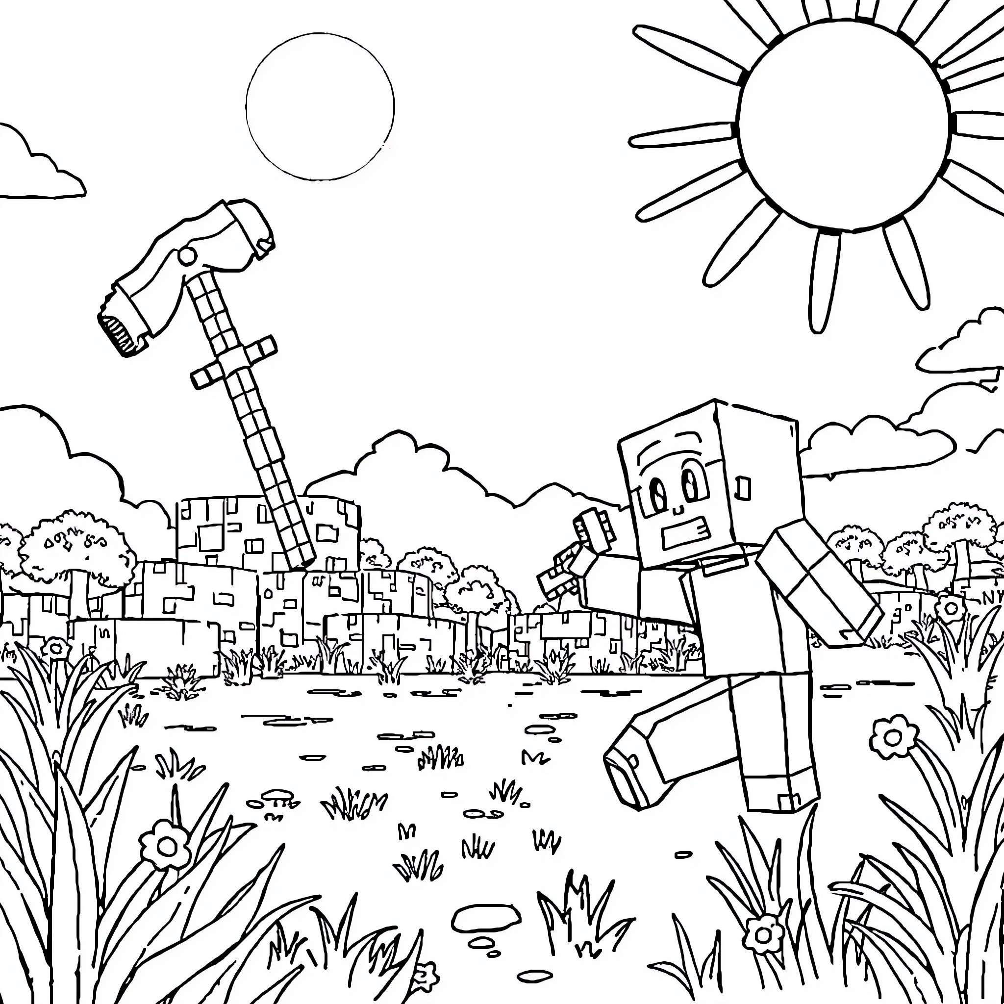 Minecraft characters exploring scenic landscape Coloring Page (free black-and-white line drawing printable PDF for all, from beginners to advanced learners, including children, teens, adults, and seniors)