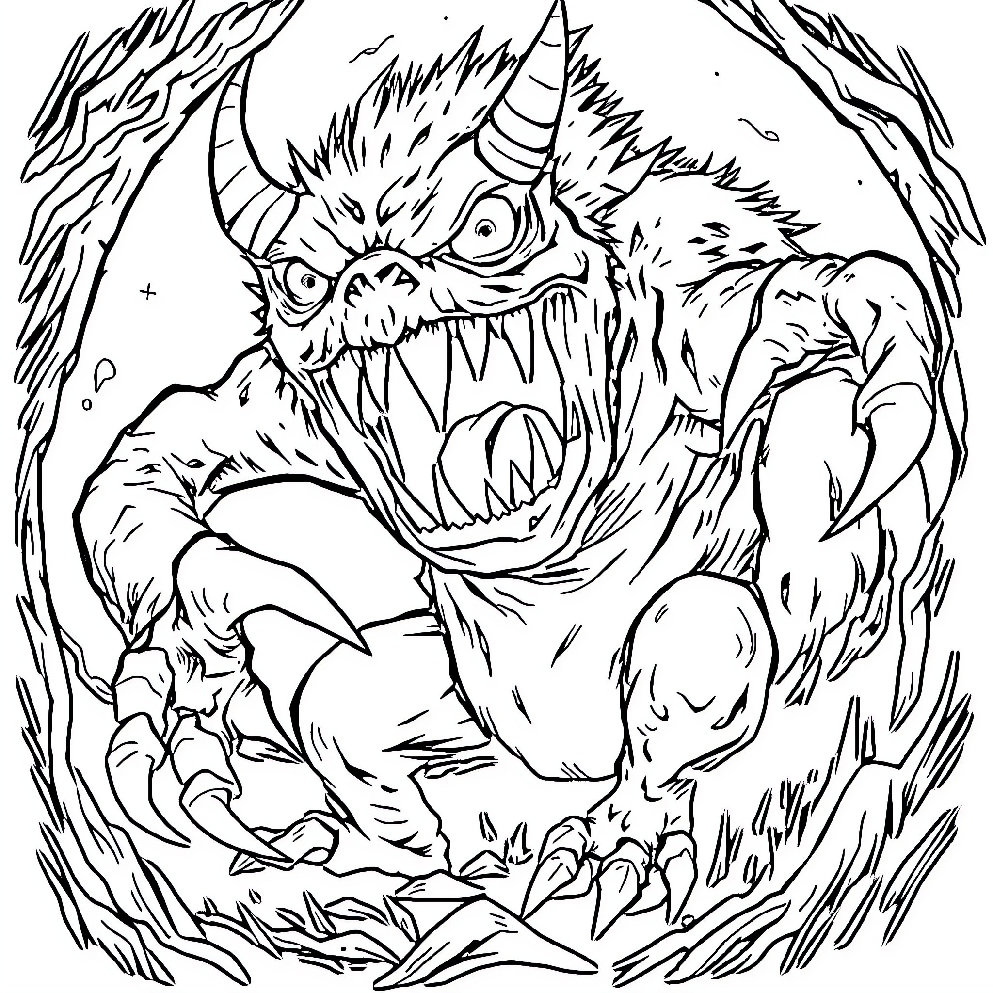 Monster with Terrifying Claws and Fangs Coloring Page (free black-and-white line drawing printable PDF for all, from beginners to advanced learners, including children, teens, adults, and seniors)