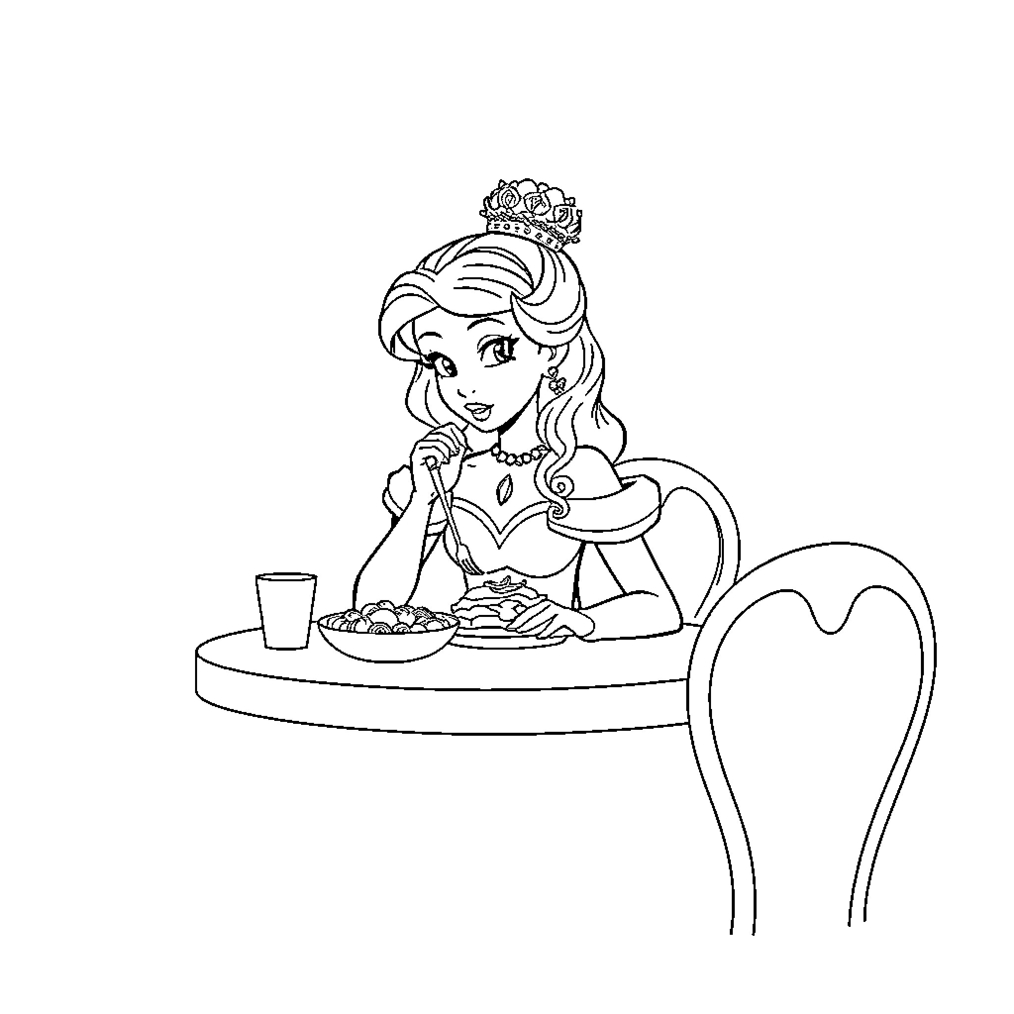 Princess Enjoying a Meal at the Table Coloring Page (free black-and-white line drawing printable PDF for all, from beginners to advanced learners, including children, teens, adults, and seniors)