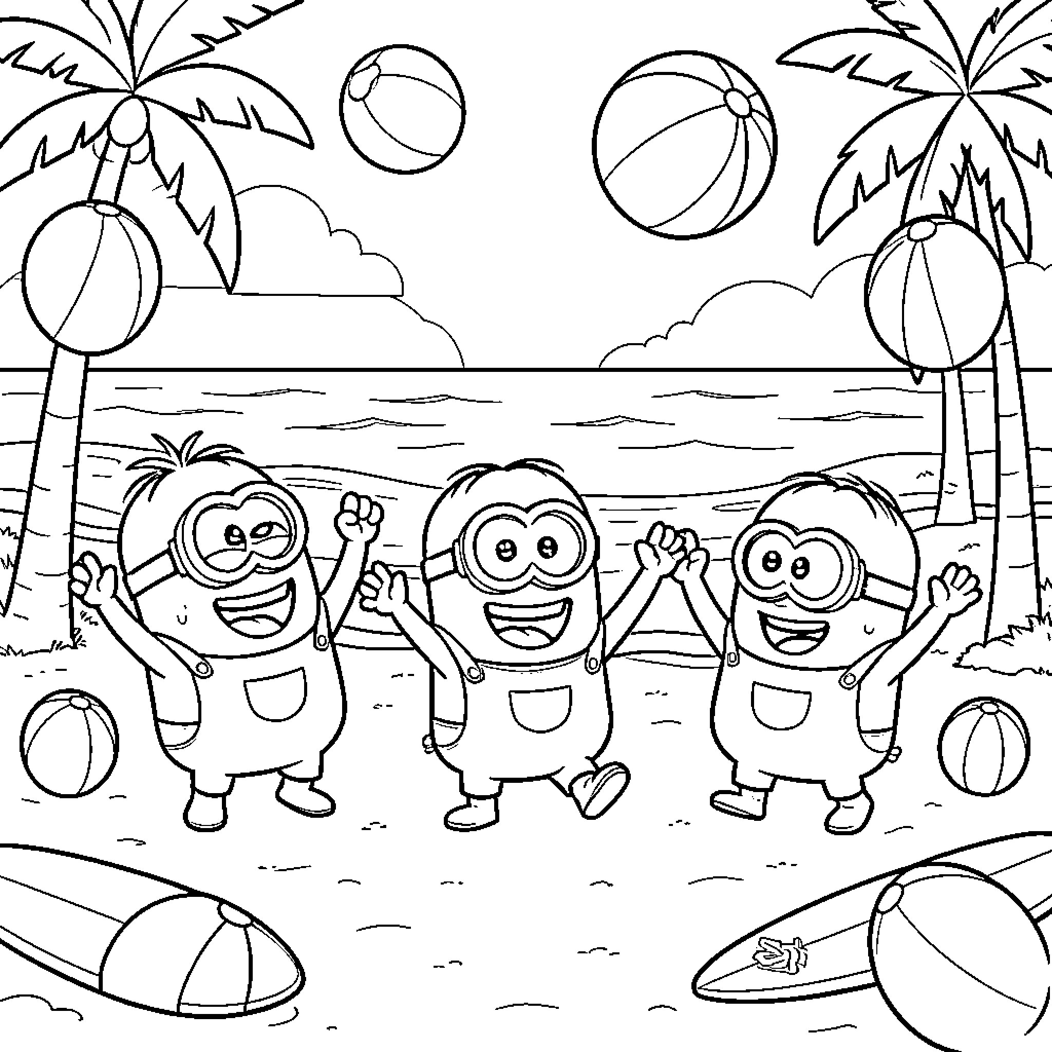 Minions enjoying a beach day with balls and palms Coloring Page (free black-and-white line drawing printable PDF for all, from beginners to advanced learners, including children, teens, adults, and seniors)