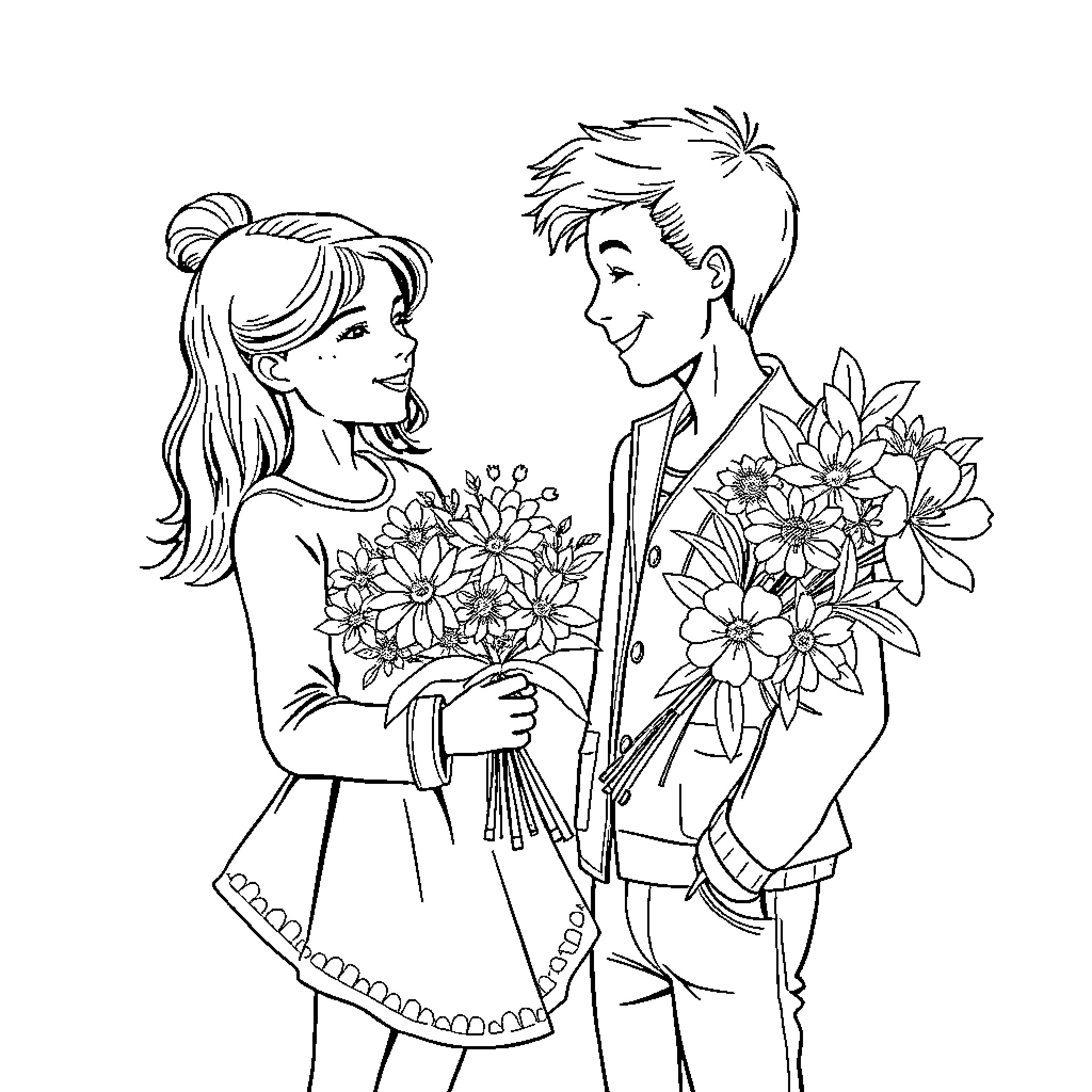 Fille and Boy with Bouquet of Flowers Coloring Page (free black-and-white line drawing printable PDF for all, from beginners to advanced learners, including children, teens, adults, and seniors)