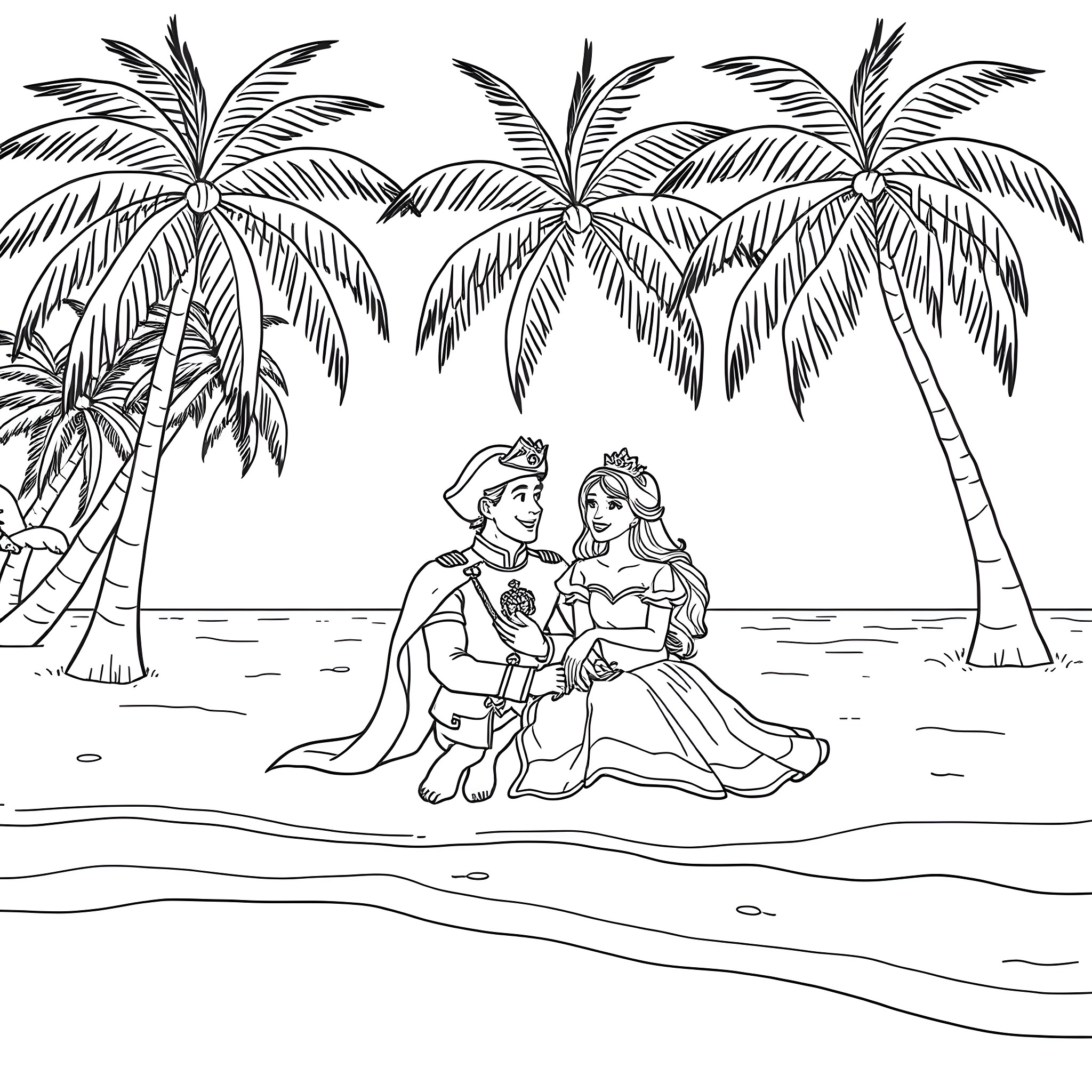 Prince and Princess on Tropical Beach with Palm Trees Coloring Page (free black-and-white line drawing printable PDF for all, from beginners to advanced learners, including children, teens, adults, and seniors)