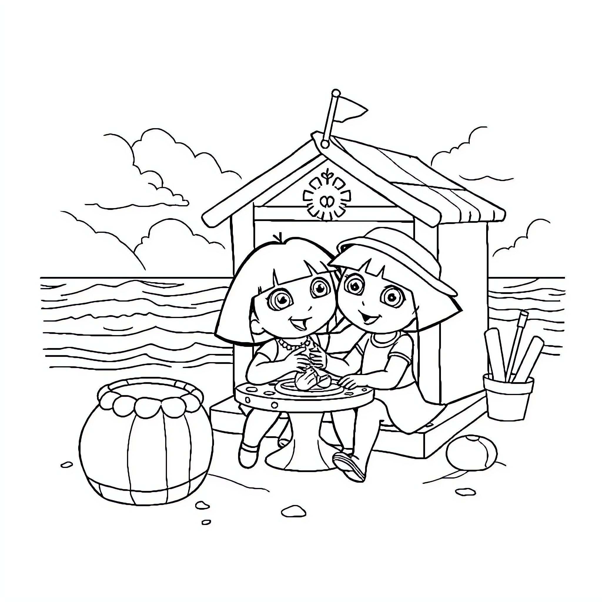 Dora and friends enjoying a day at the beach Coloring Page (free black-and-white line drawing printable PDF for all, from beginners to advanced learners, including children, teens, adults, and seniors)
