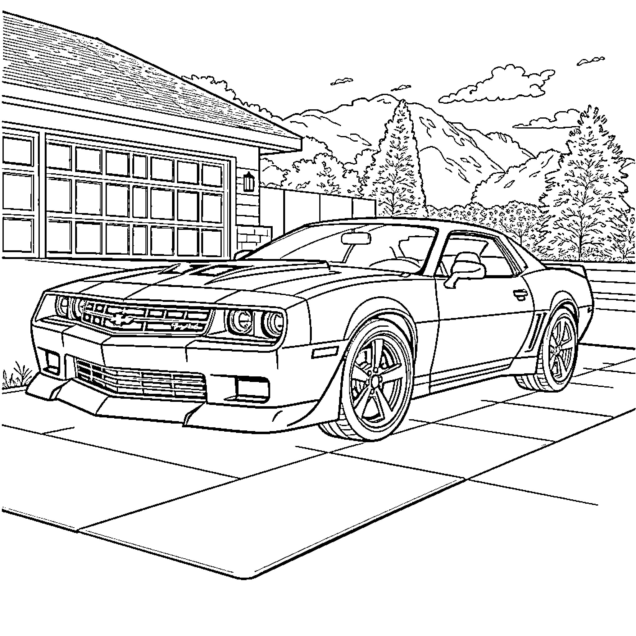 Iroc Z Camaro parked in front of building Coloring Page (free black-and-white line drawing printable PDF for all, from beginners to advanced learners, including children, teens, adults, and seniors)