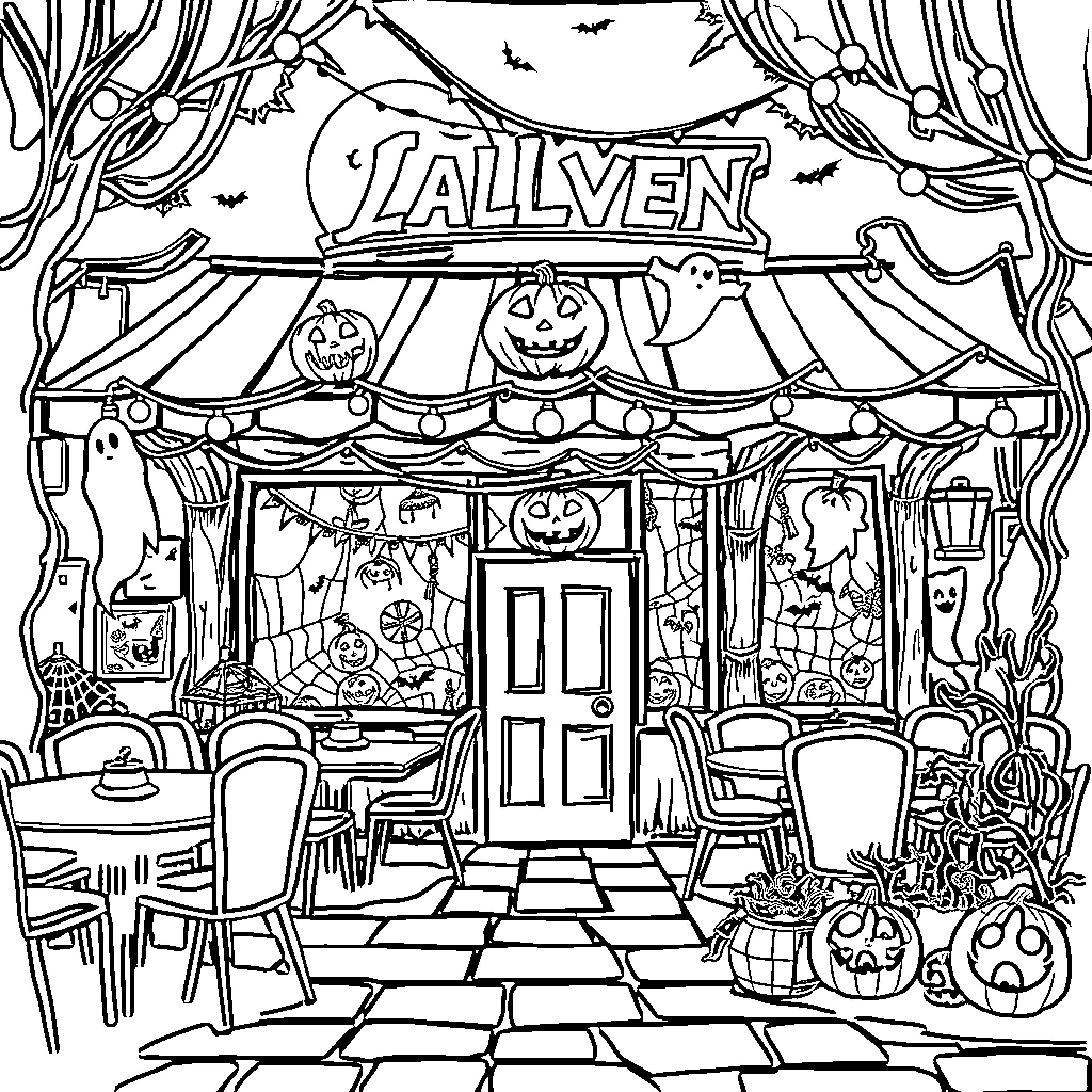 Restaurant with Halloween-themed decor and pumpkins Coloring Page (free black-and-white line drawing printable PDF for all, from beginners to advanced learners, including children, teens, adults, and seniors)