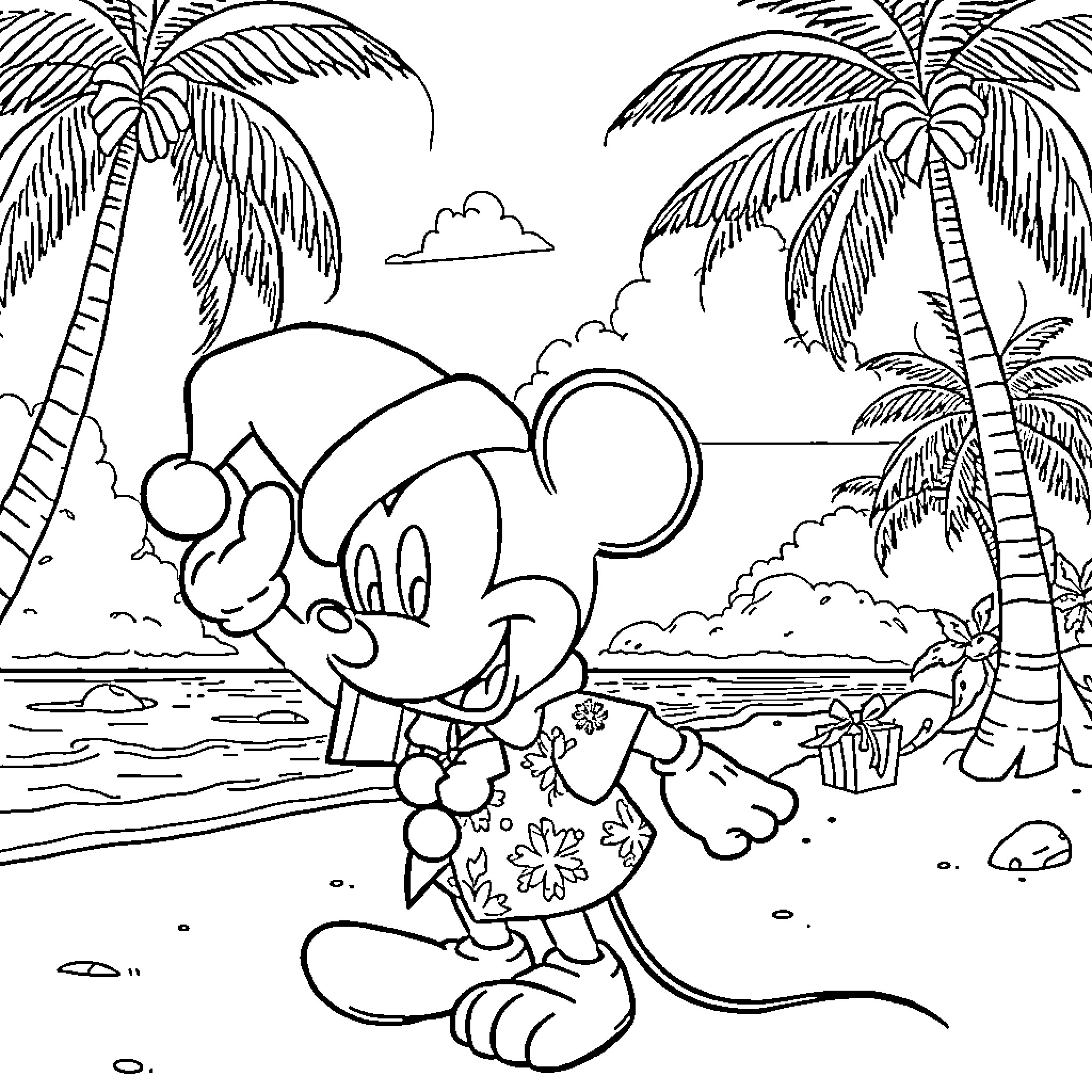 Mickey Mouse enjoying a tropical beach vacation Coloring Page (free black-and-white line drawing printable PDF for all, from beginners to advanced learners, including children, teens, adults, and seniors)