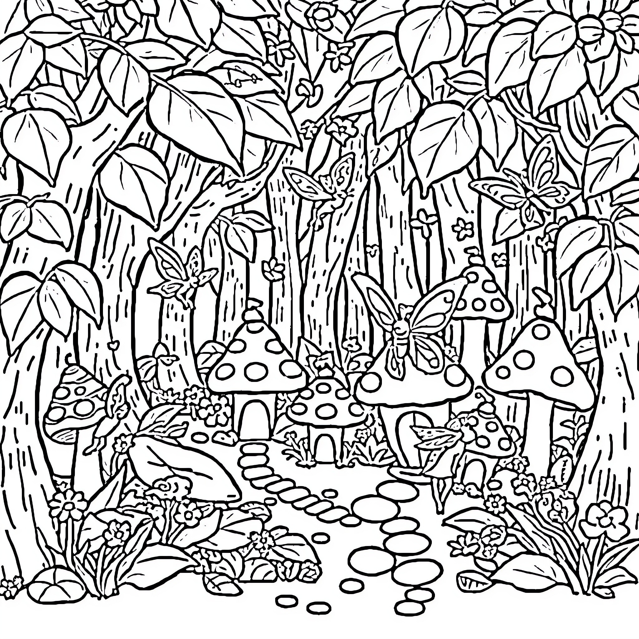 Fairy Wonderland: Enchanted Forest Filled with Whimsical Details Coloring Page (free black-and-white line drawing printable PDF for all, from beginners to advanced learners, including children, teens, adults, and seniors)