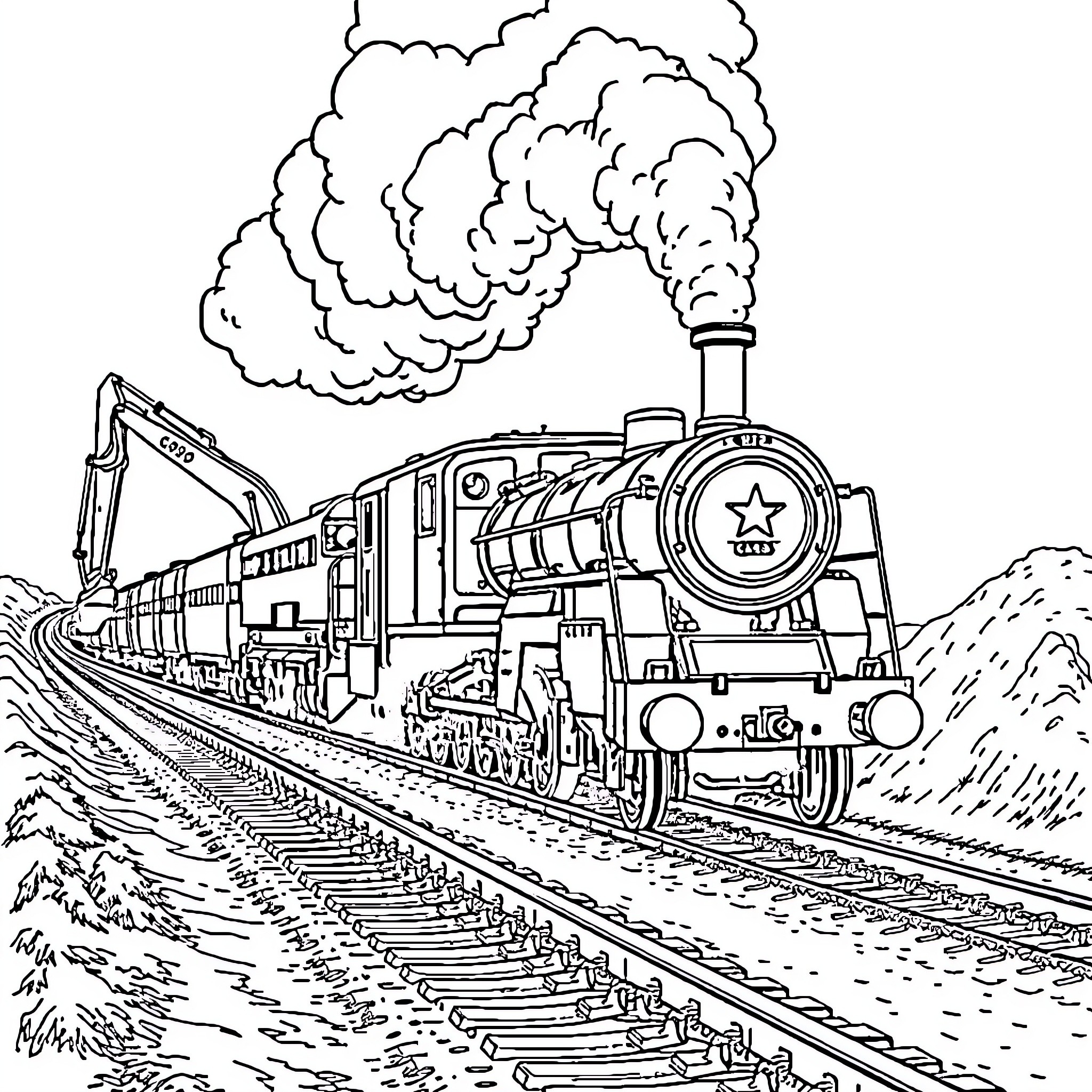 Steam Train Chugging Through Scenic Landscape Coloring Page (free black-and-white line drawing printable PDF for all, from beginners to advanced learners, including children, teens, adults, and seniors)
