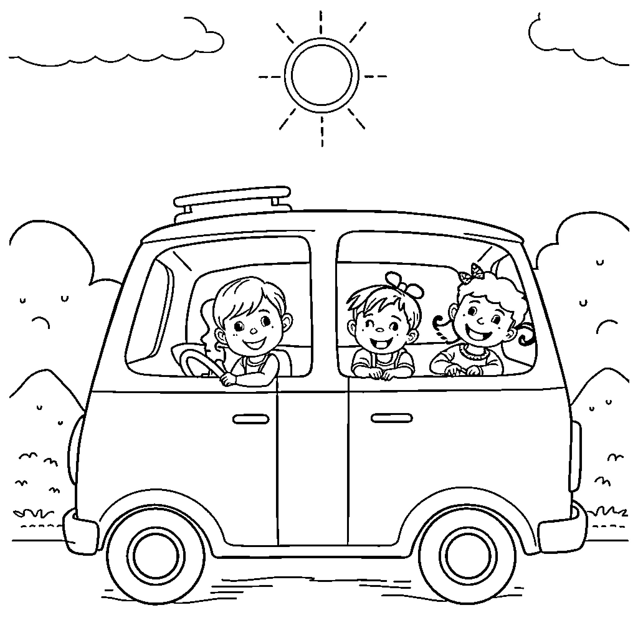 Kid passengers enjoying a road trip in van Coloring Page (free black-and-white line drawing printable PDF for all, from beginners to advanced learners, including children, teens, adults, and seniors)
