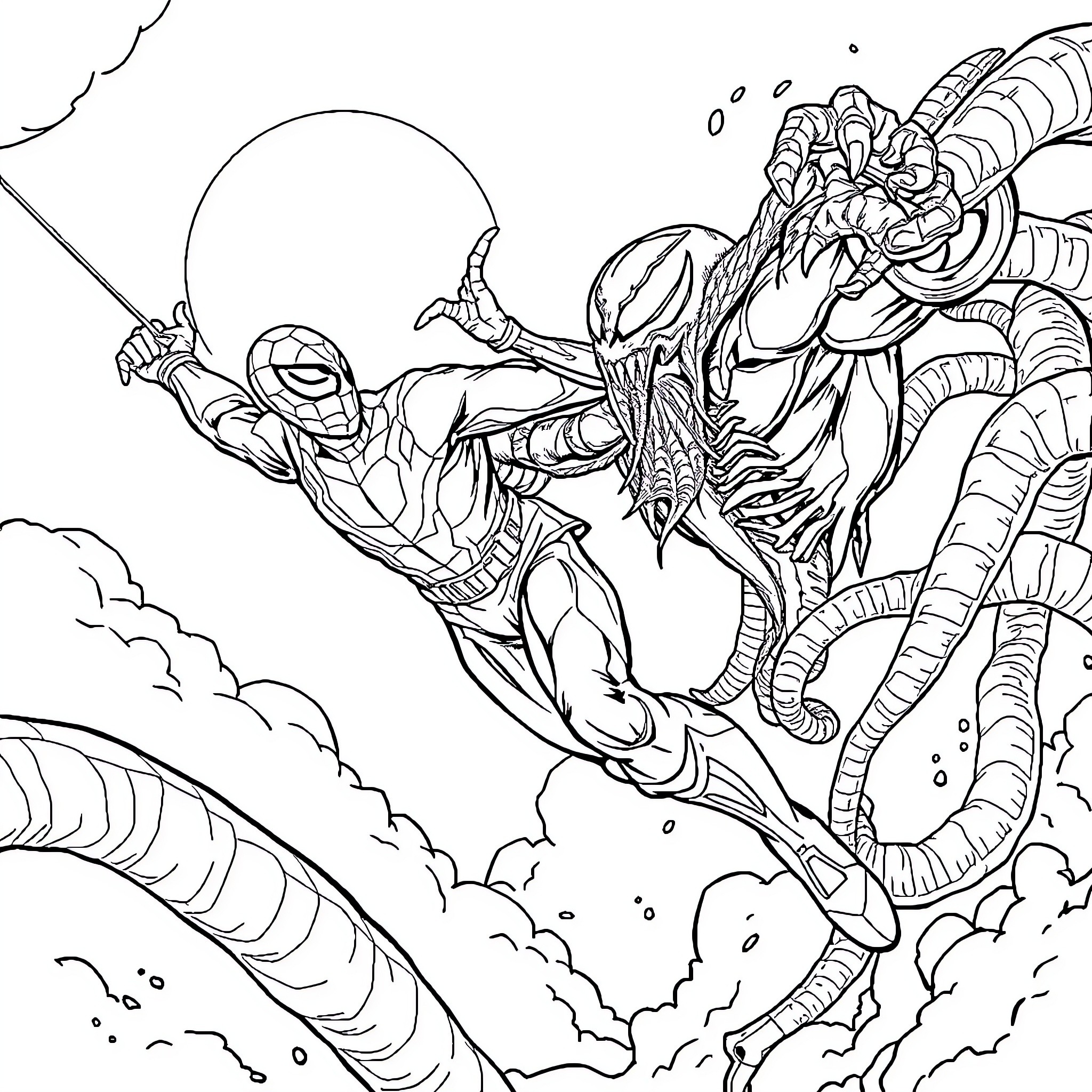 Iron Man battles a giant robotic foe in the sky Coloring Page (free black-and-white line drawing printable PDF for all, from beginners to advanced learners, including children, teens, adults, and seniors)