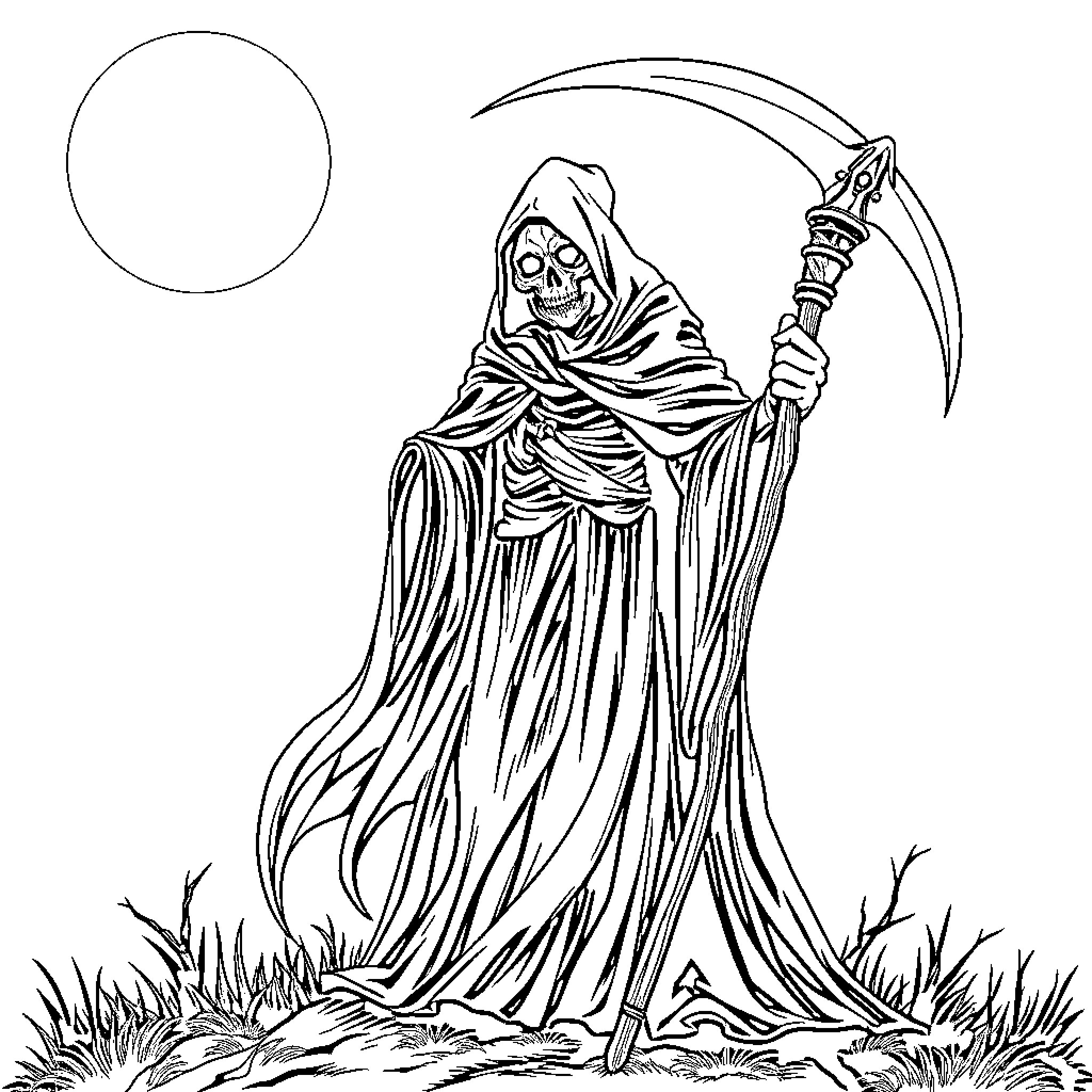 Grim Reaper standing solemnly with scythe Coloring Page (free black-and-white line drawing printable PDF for all, from beginners to advanced learners, including children, teens, adults, and seniors)