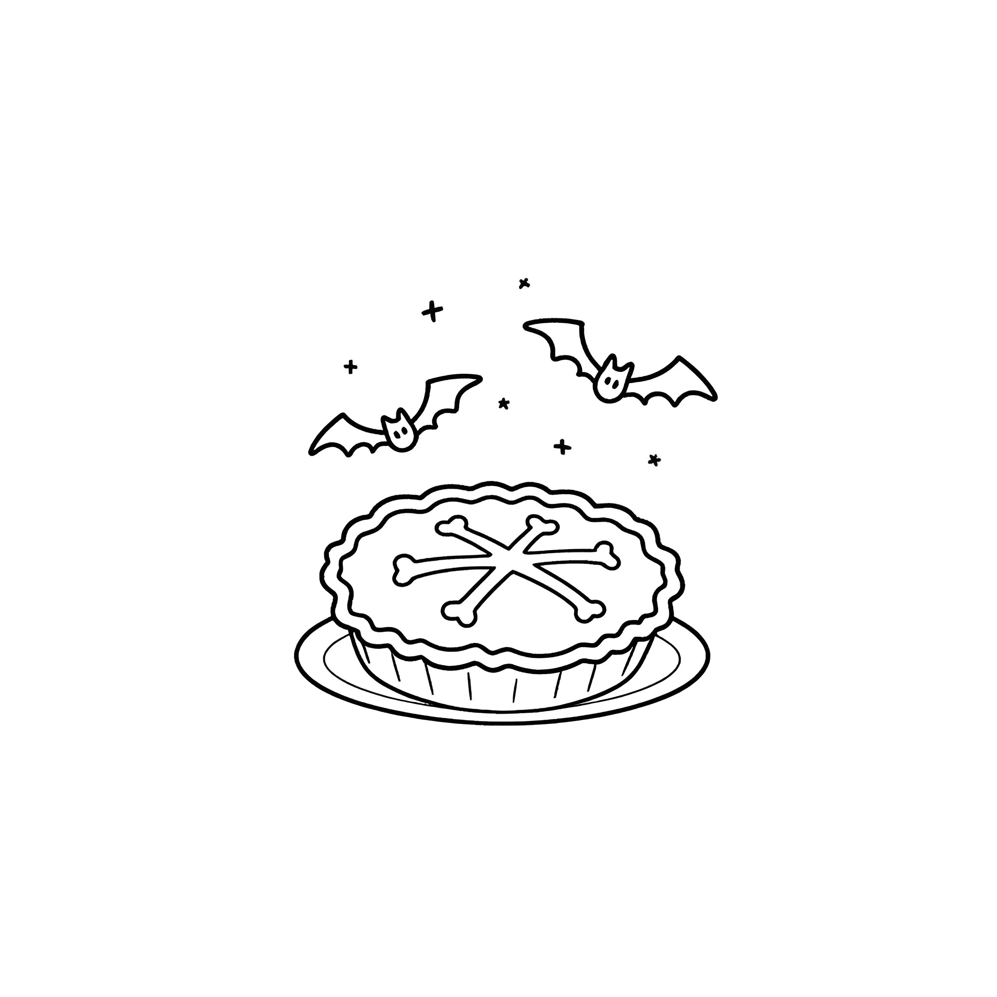 Pie with bats and stars Coloring Page (free black-and-white line drawing printable PDF for all, from beginners to advanced learners, including children, teens, adults, and seniors)